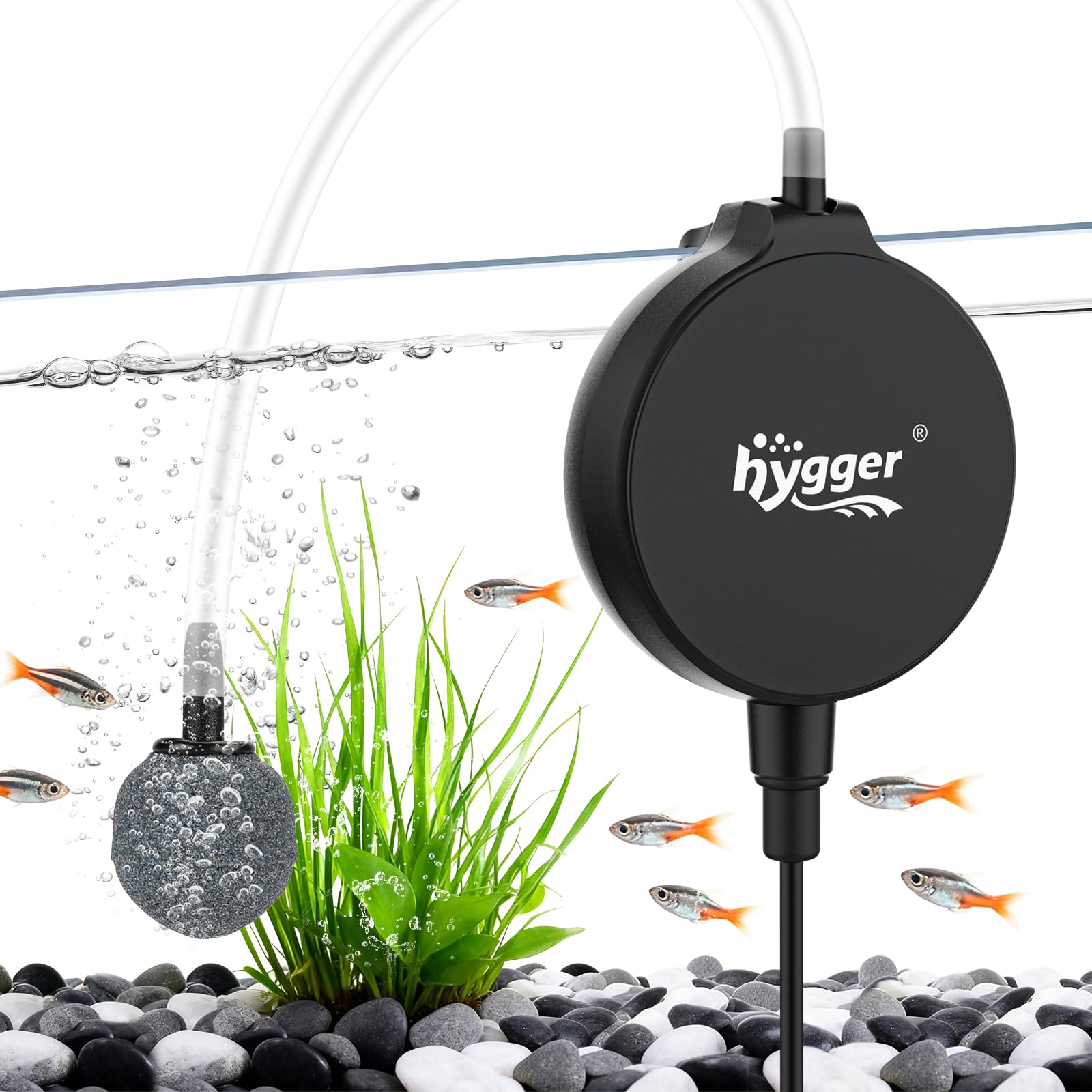 Hygger 1.5W mini air pump front view delivering whisper-quiet aeration for small tanks.