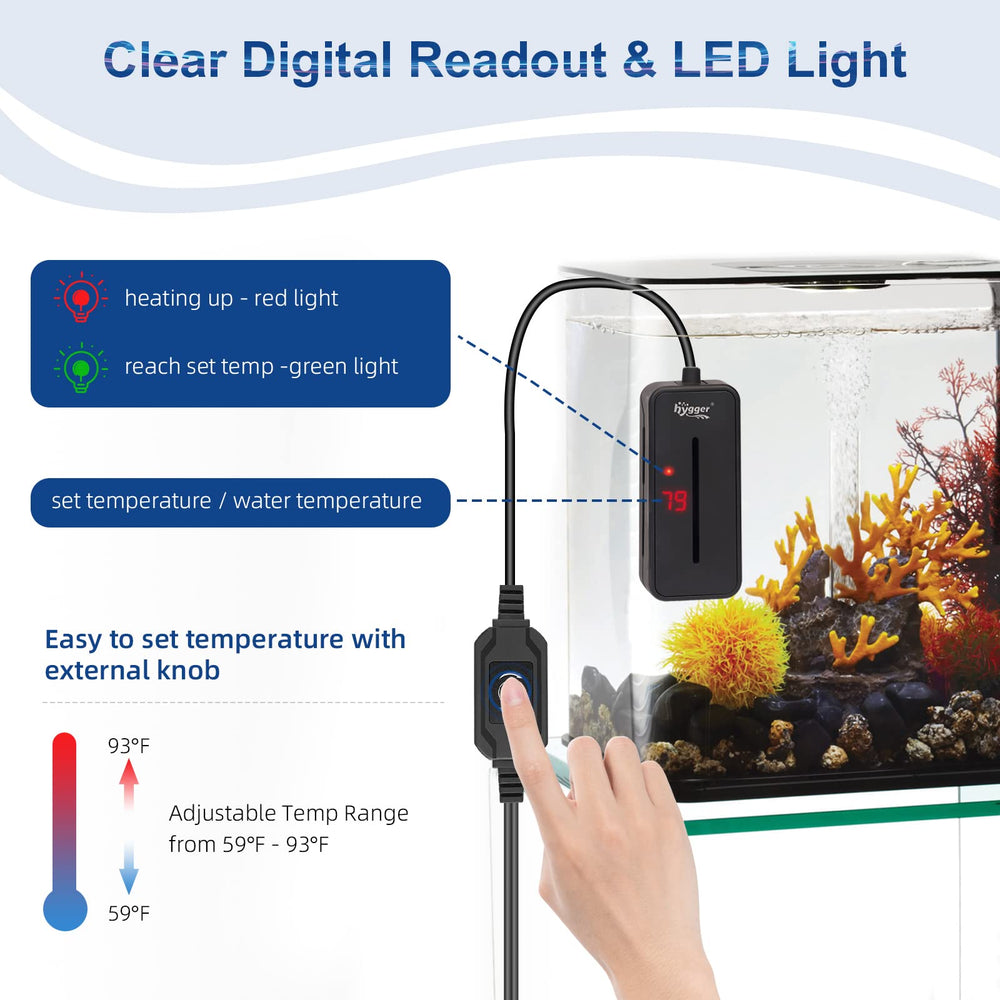 Hygger 100W compact aquarium heater with LED display for easy real-time temperature monitoring.
