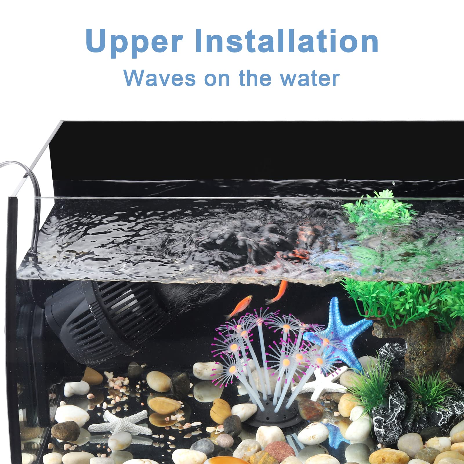 HYGGER 1050GPH Wave Maker Pump submersible design blends with tank scenery and reduces noise.