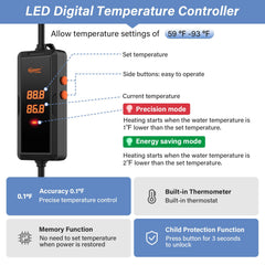 hygger 200W heater controller display demonstrates precise 59 to 93 Fahrenheit tuning