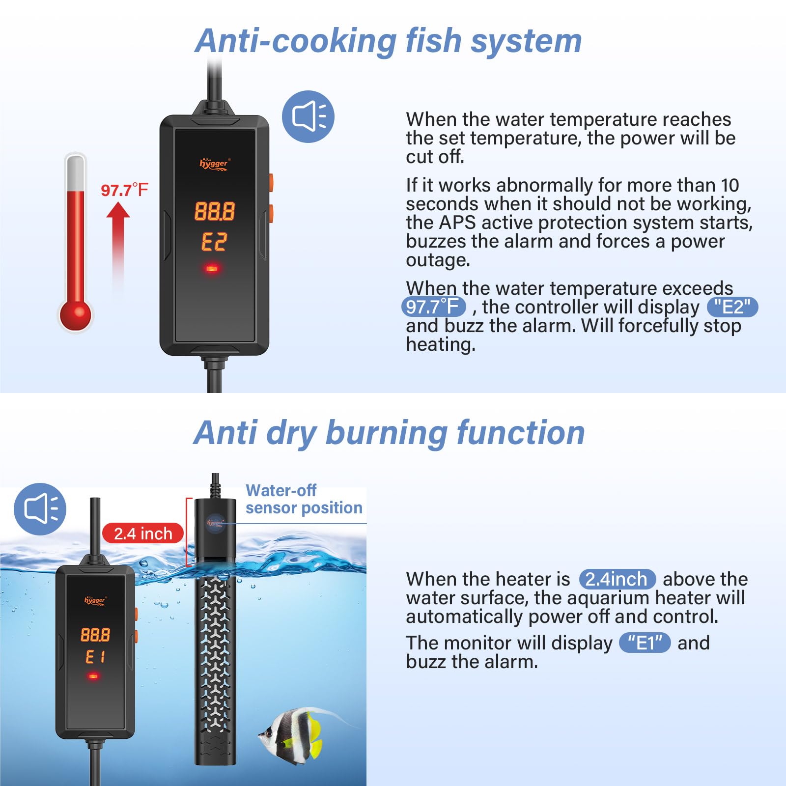 hygger 200W heater explosion-proof quartz glass and durable components for longevity