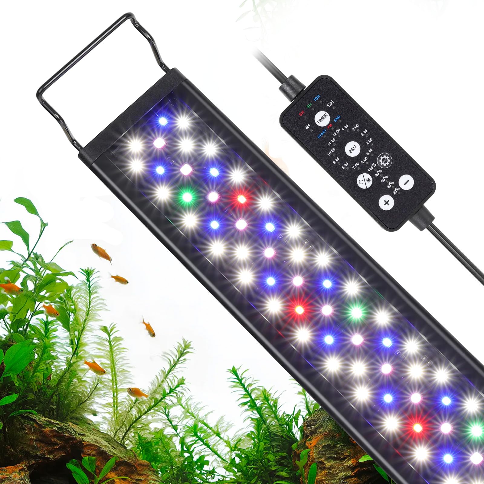 hygger 24W LED aquarium light full-spectrum close-up shows RGB LEDs delivering vibrant color accuracy