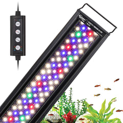 Hygger 42W LED sunrise gradient illuminates a lush planted tank for gentle dawn.