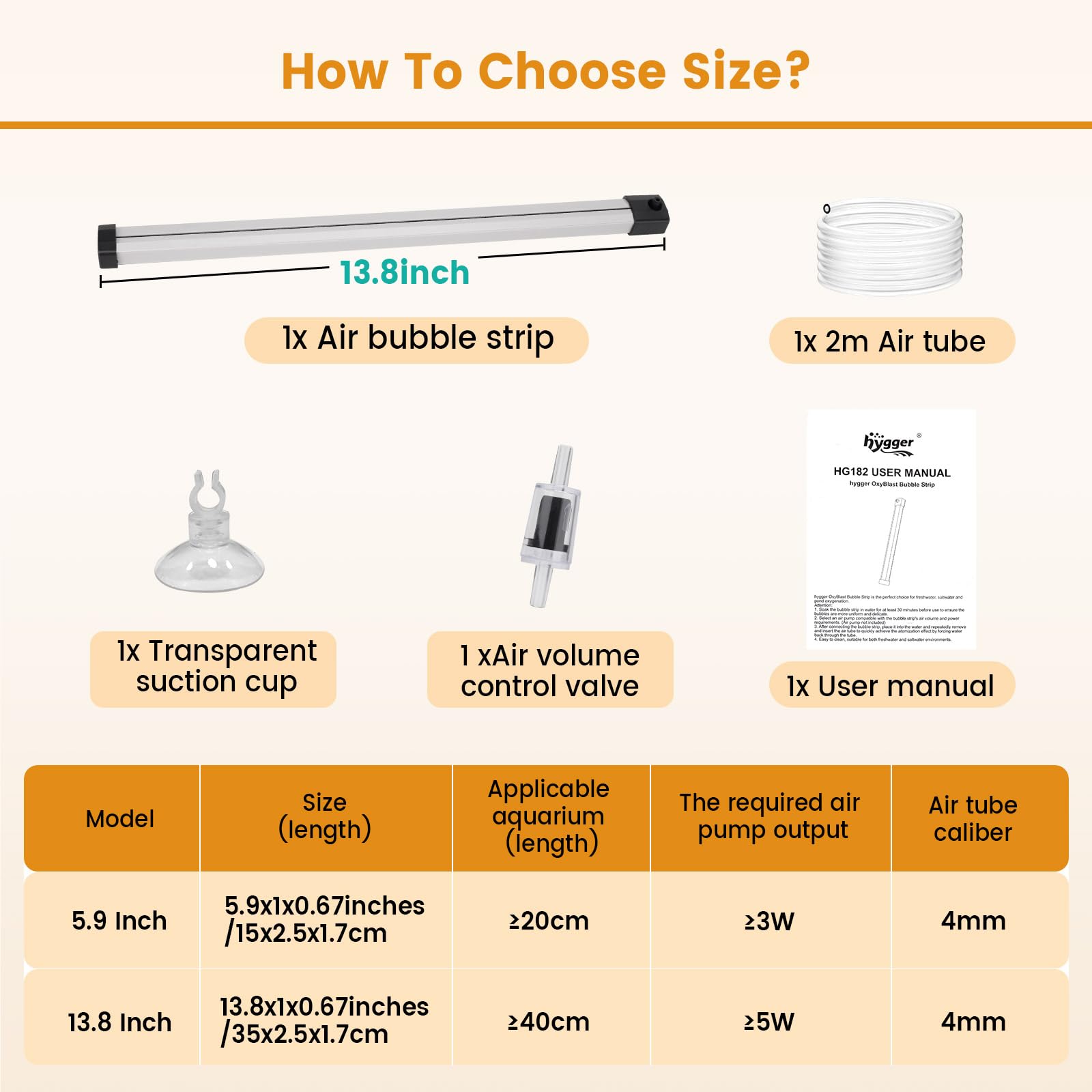 Hygger accessories pack includes air tube, suction cup, and manual for easy setup.