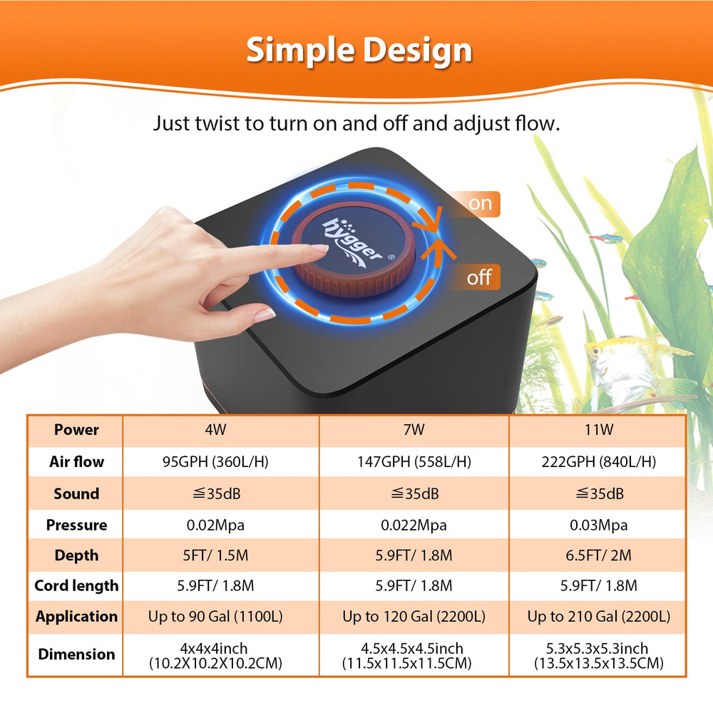 hygger air pump adjustable flow knob lets you tailor oxygen delivery.