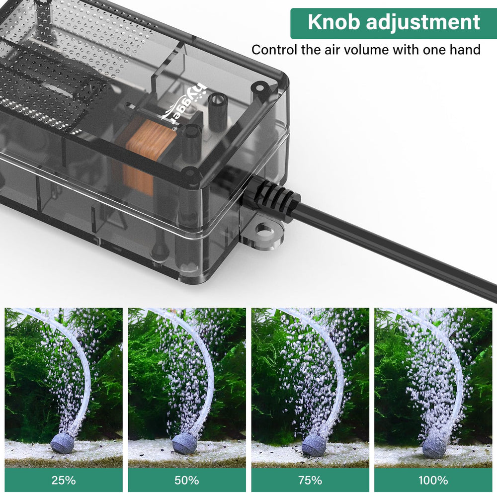 Hygger air pump dual-hole outlet enables multiple stones for richer oxygen distribution.