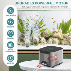 Hygger air pump dual outlets closeup shows stable oxygen delivery to two tanks