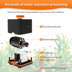 hygger air pump quiet bearingless motor minimizes noise for bedrooms and living spaces.