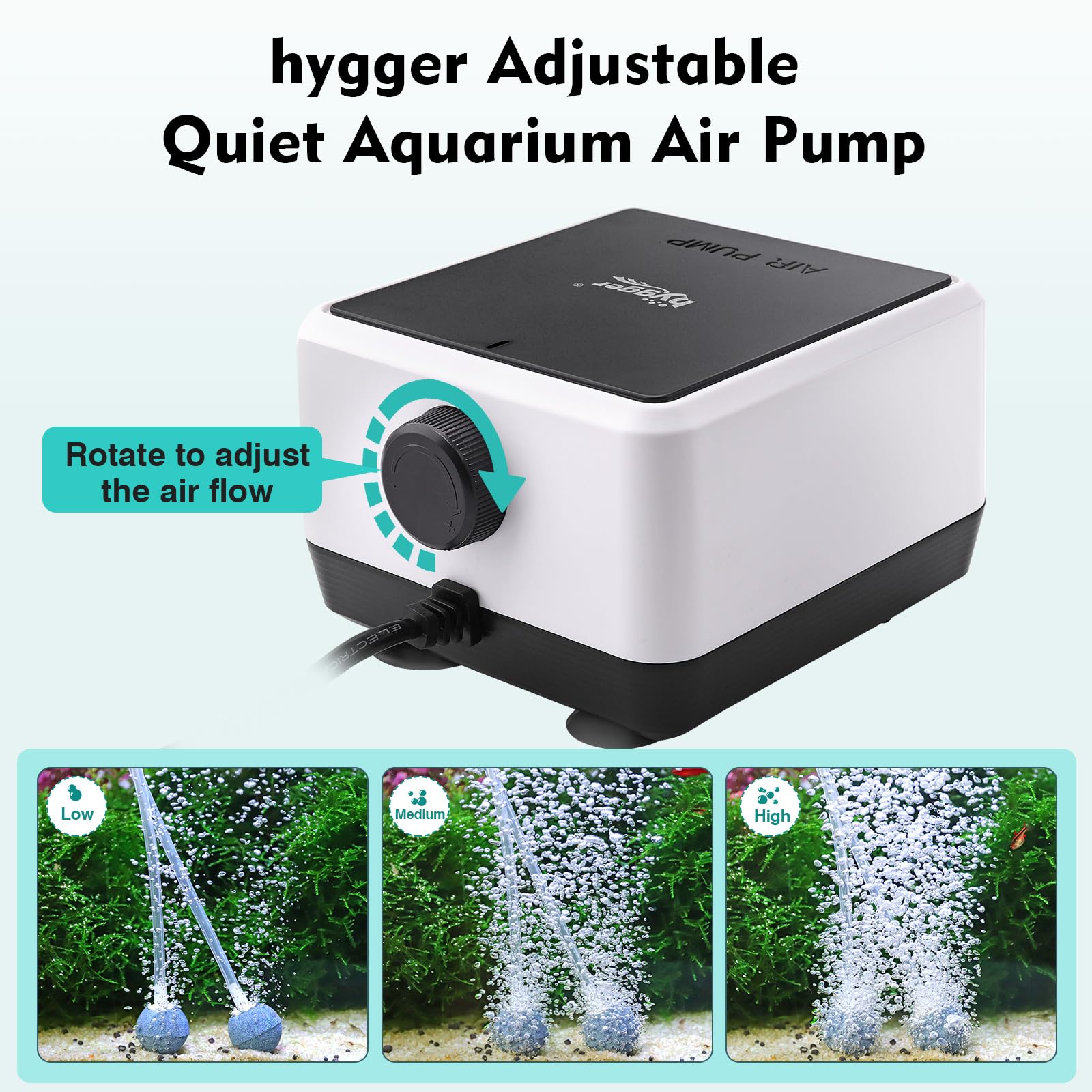 Hygger air pump adjustable knob enables precise airflow for freshwater or marine setups.