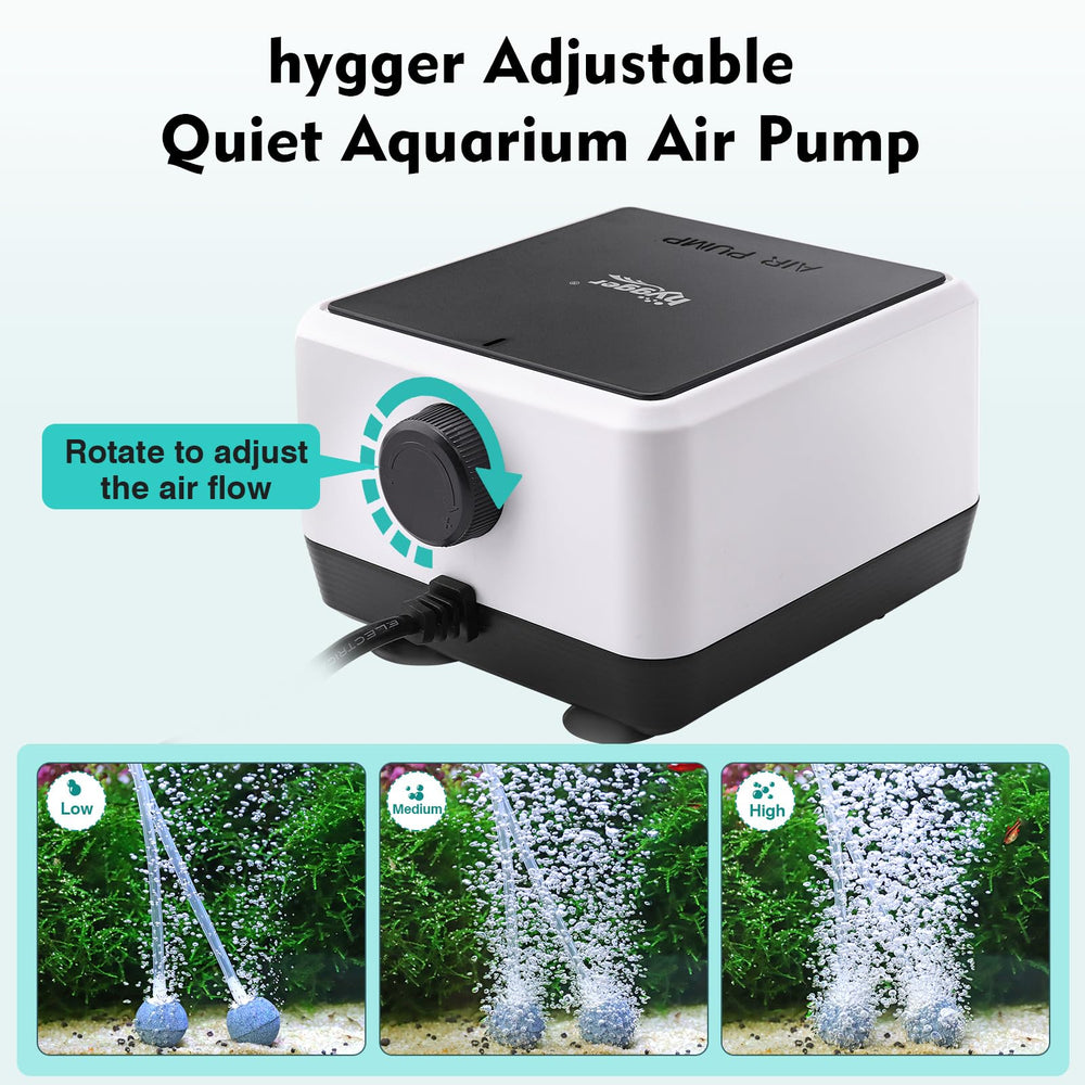 Hygger air pump adjustable knob enables precise airflow for freshwater or marine setups.