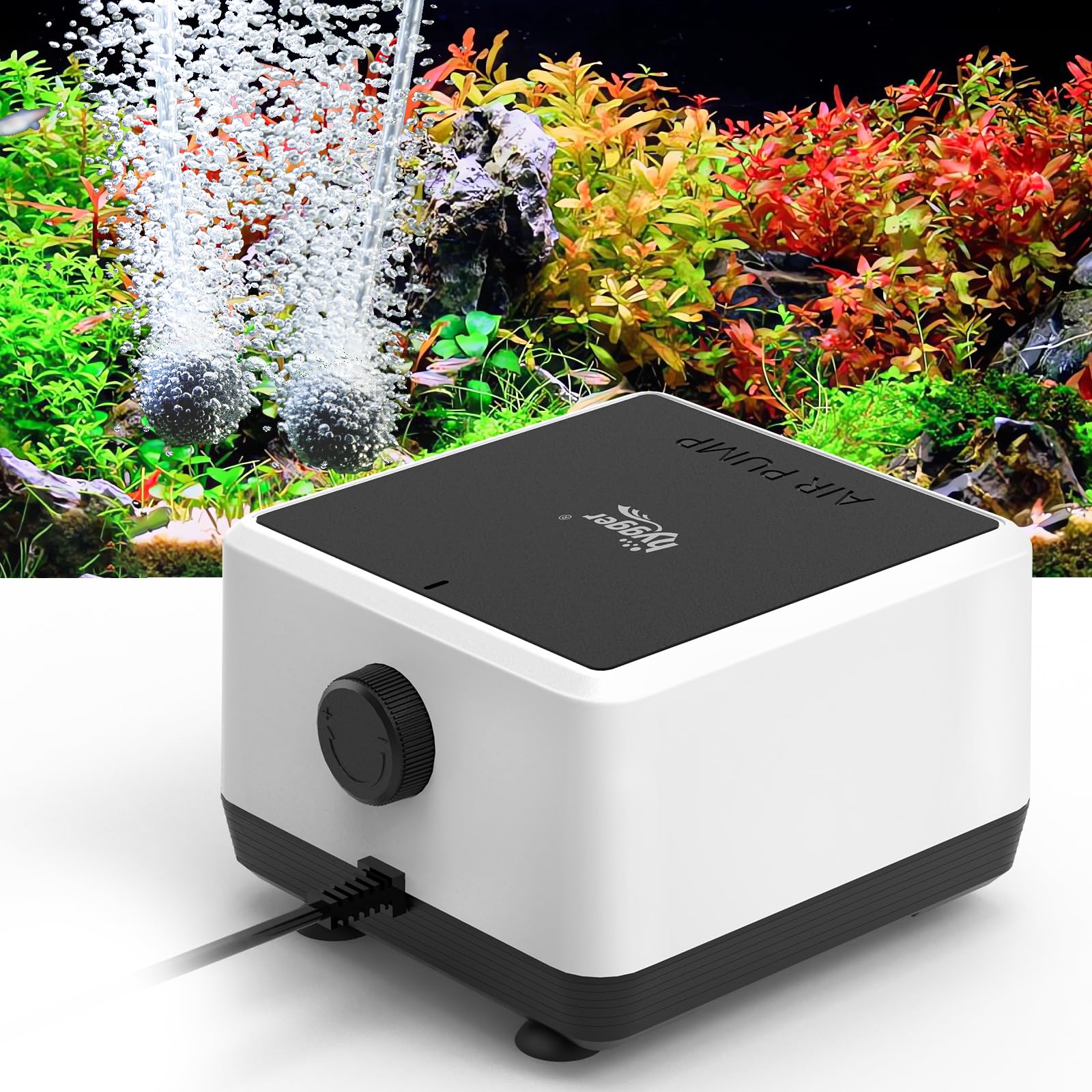 Hygger aquarium air pump dual outlets delivering stable oxygen distribution for larger tanks.