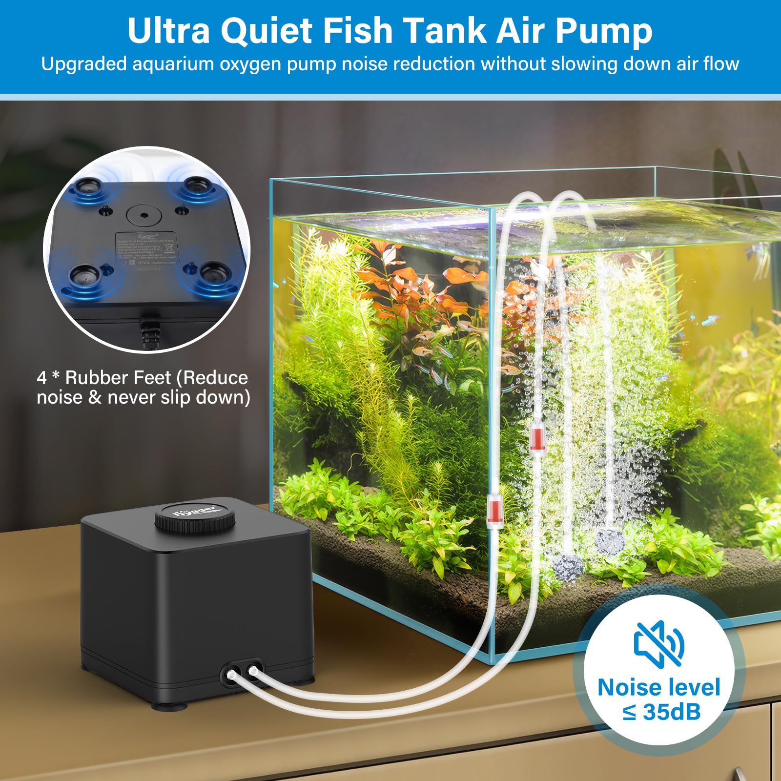 Hygger dual-outlet air pump showing two outlets for larger tanks