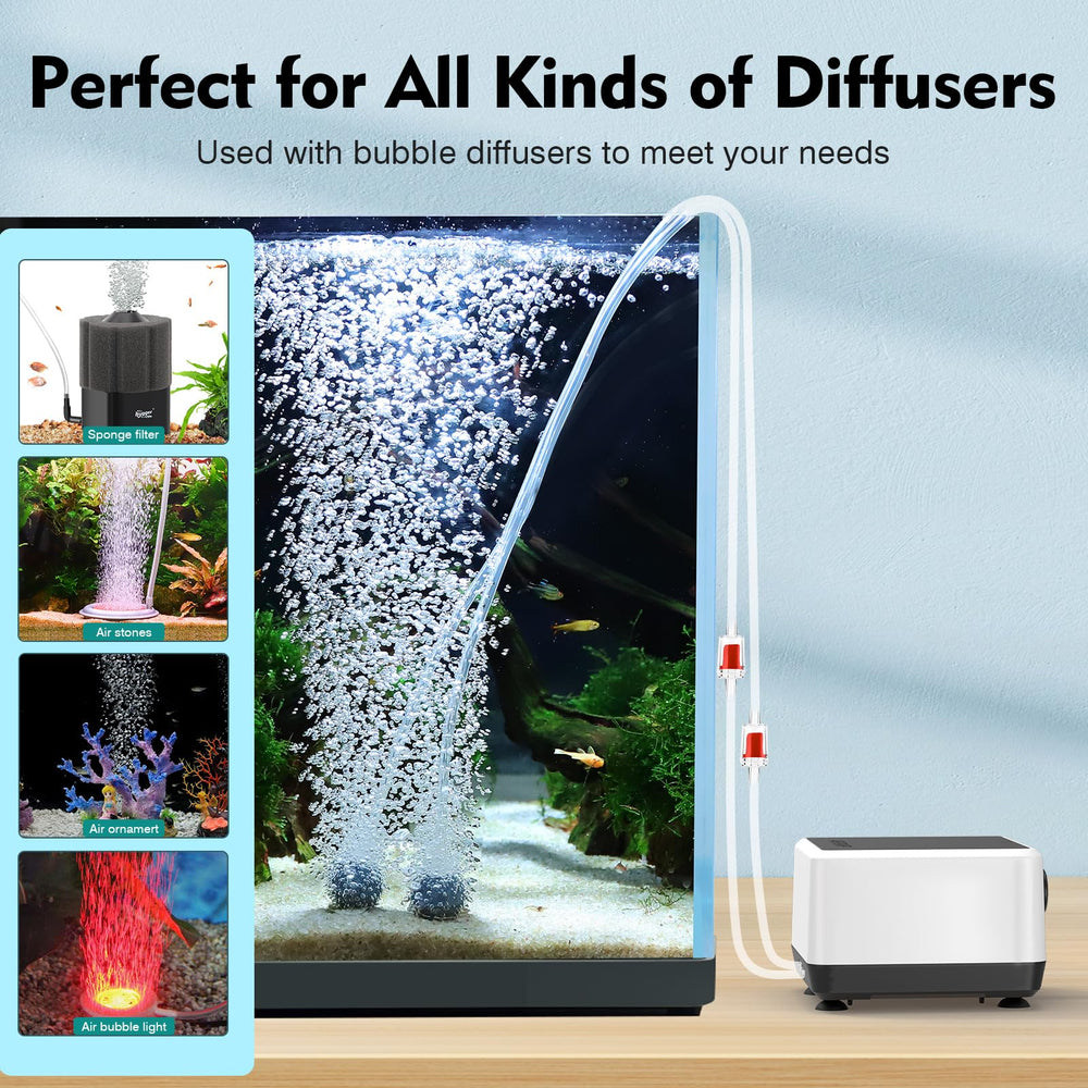 Hygger dual stainless steel outlets support two stones or filters for even oxygenation.
