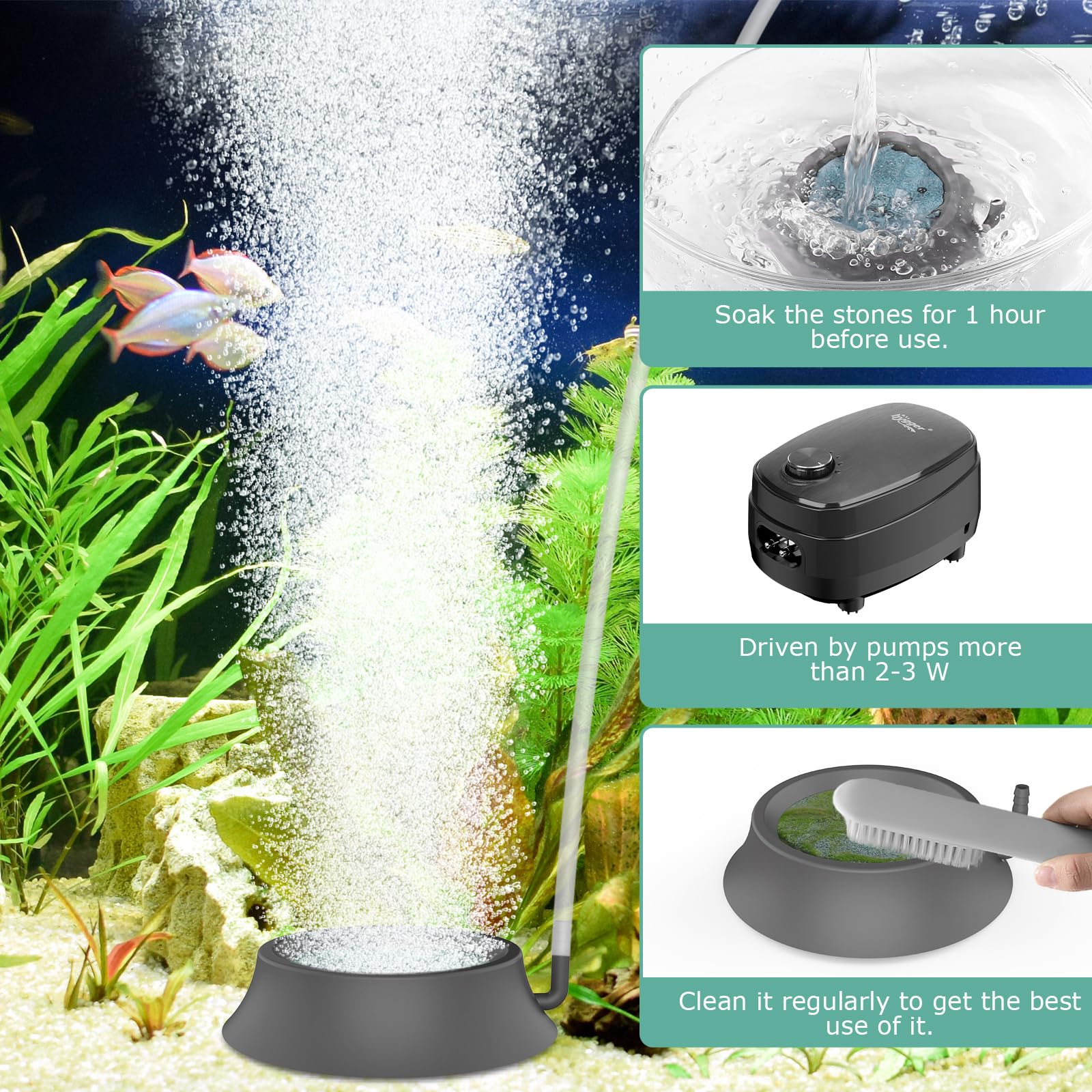 Hygger aquarium air stone check valve and suction cup secure installation.