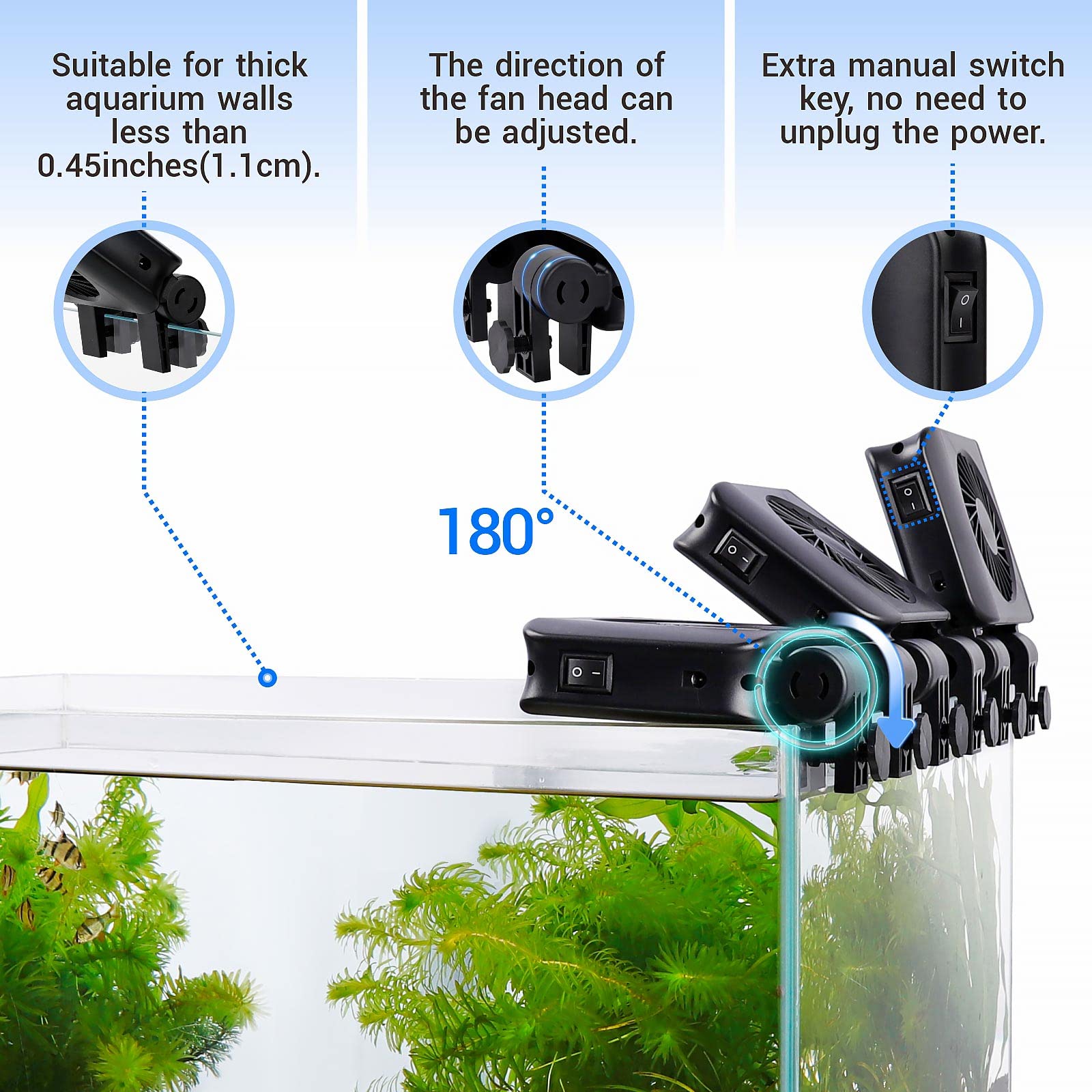 Hygger aquarium chillers fan adjustable-angles demonstrates customizable wind coverage for coral and fish