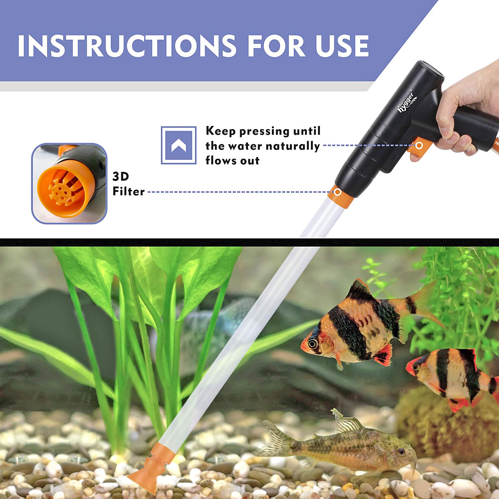 Hygger aquarium gravel cleaner dual airbags enable controlled water changes.