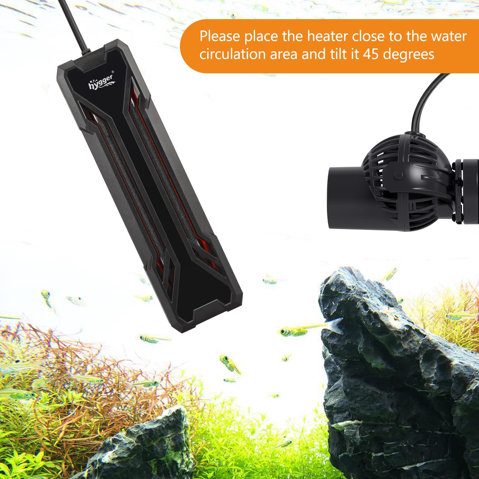 Hygger aquarium heater complete kit includes controller, suction cups, bracket, hook.