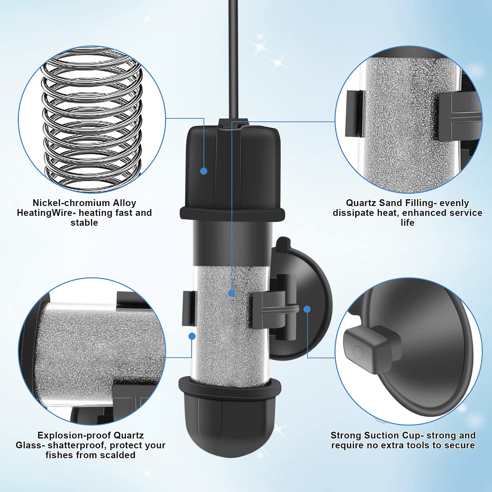 Hygger heater highlights dry-run and overheat protection with status indicators.