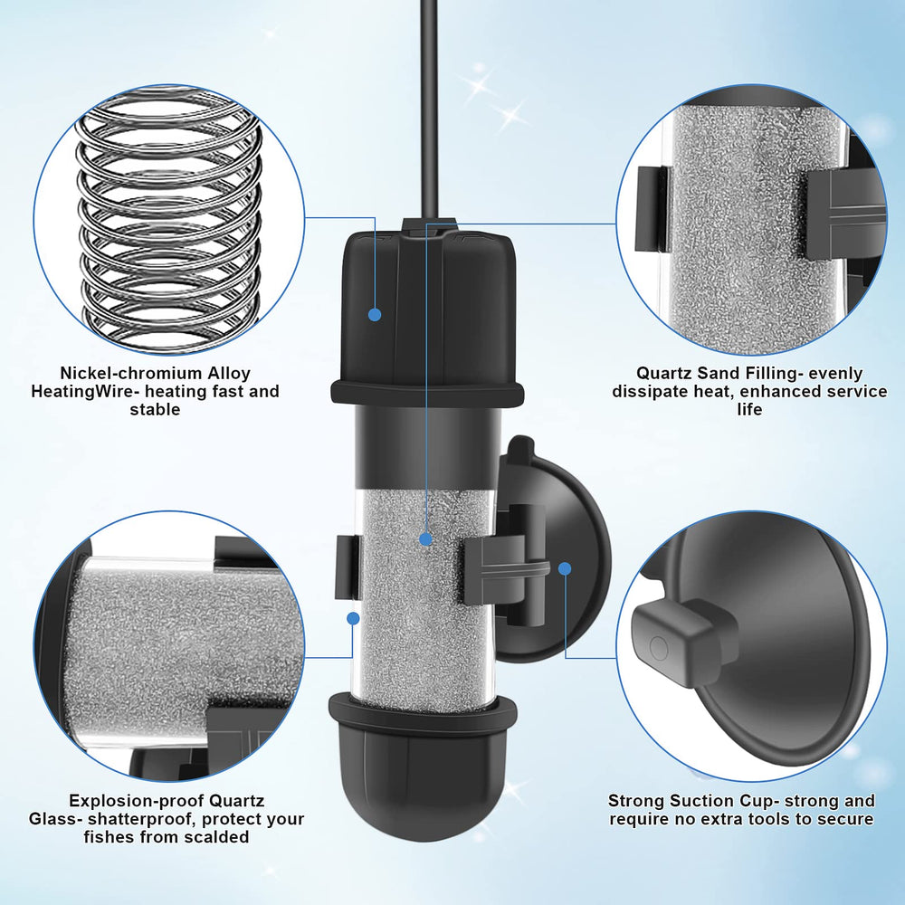 Hygger heater highlights dry-run and overheat protection with status indicators.
