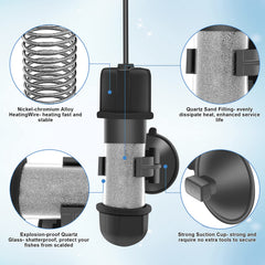 Hygger heater highlights dry-run and overheat protection with status indicators.