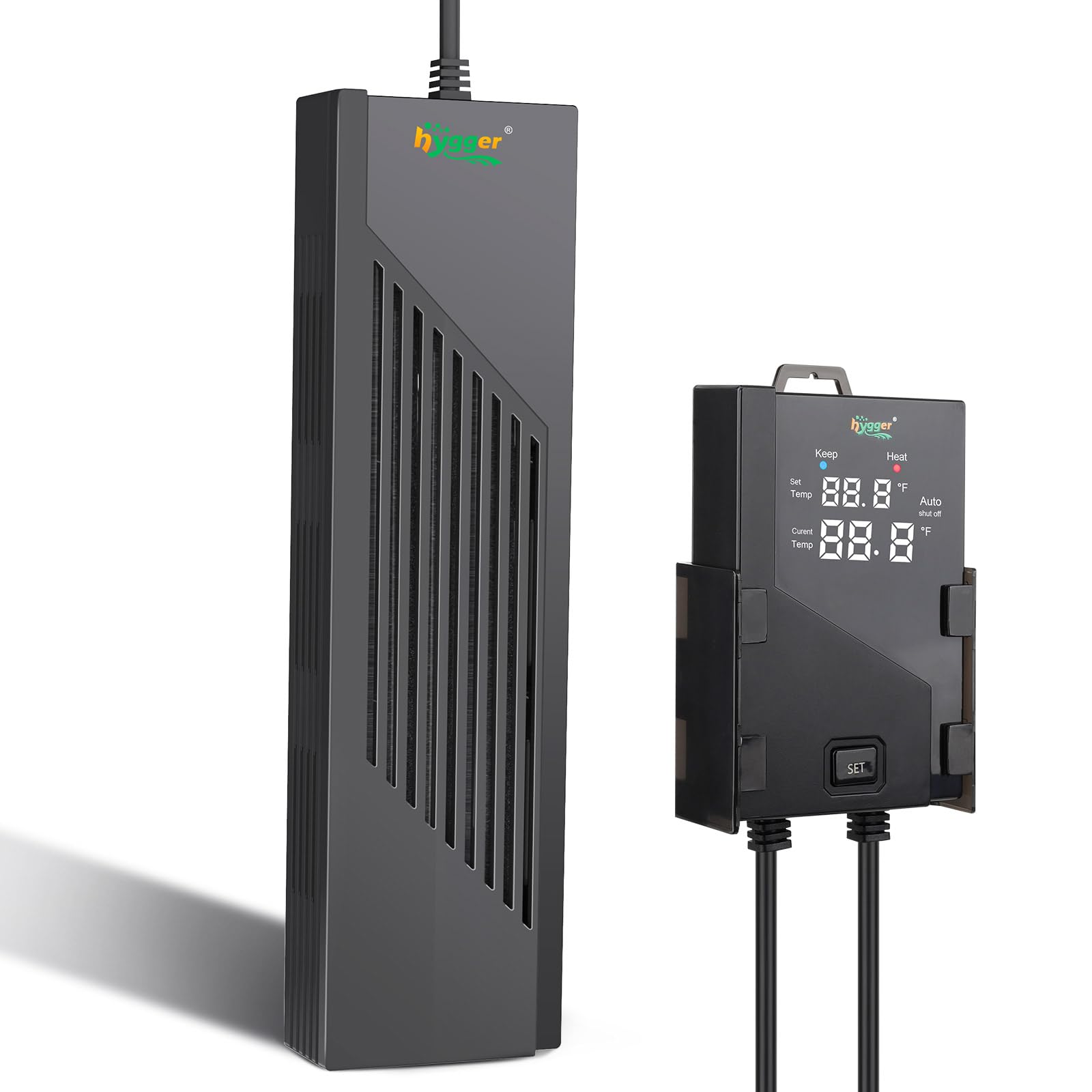 hygger aquarium heater front view highlights robust design for reliable tank heating.