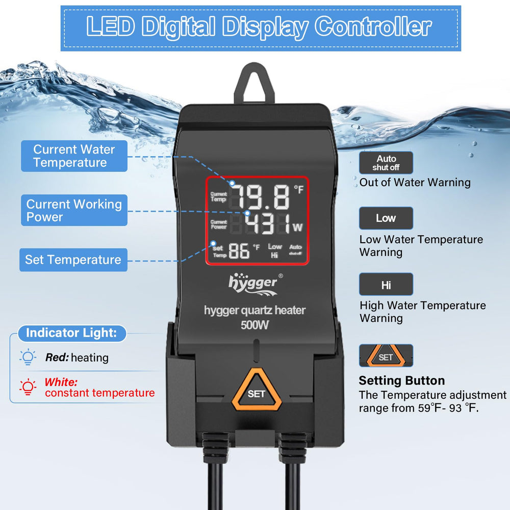 Hygger aquarium heater LED display shows set and current temperature