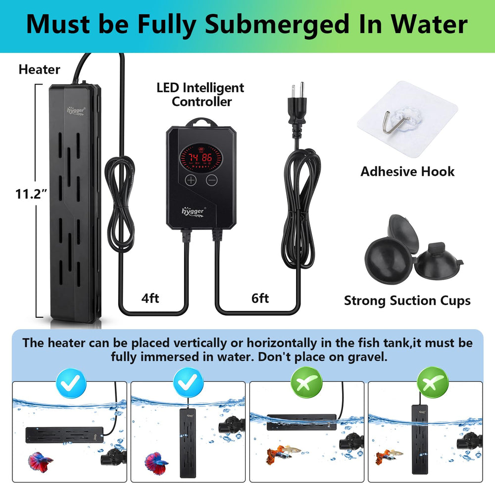 Hygger Aquarium Heater easy quick-heat setup with long power cord.