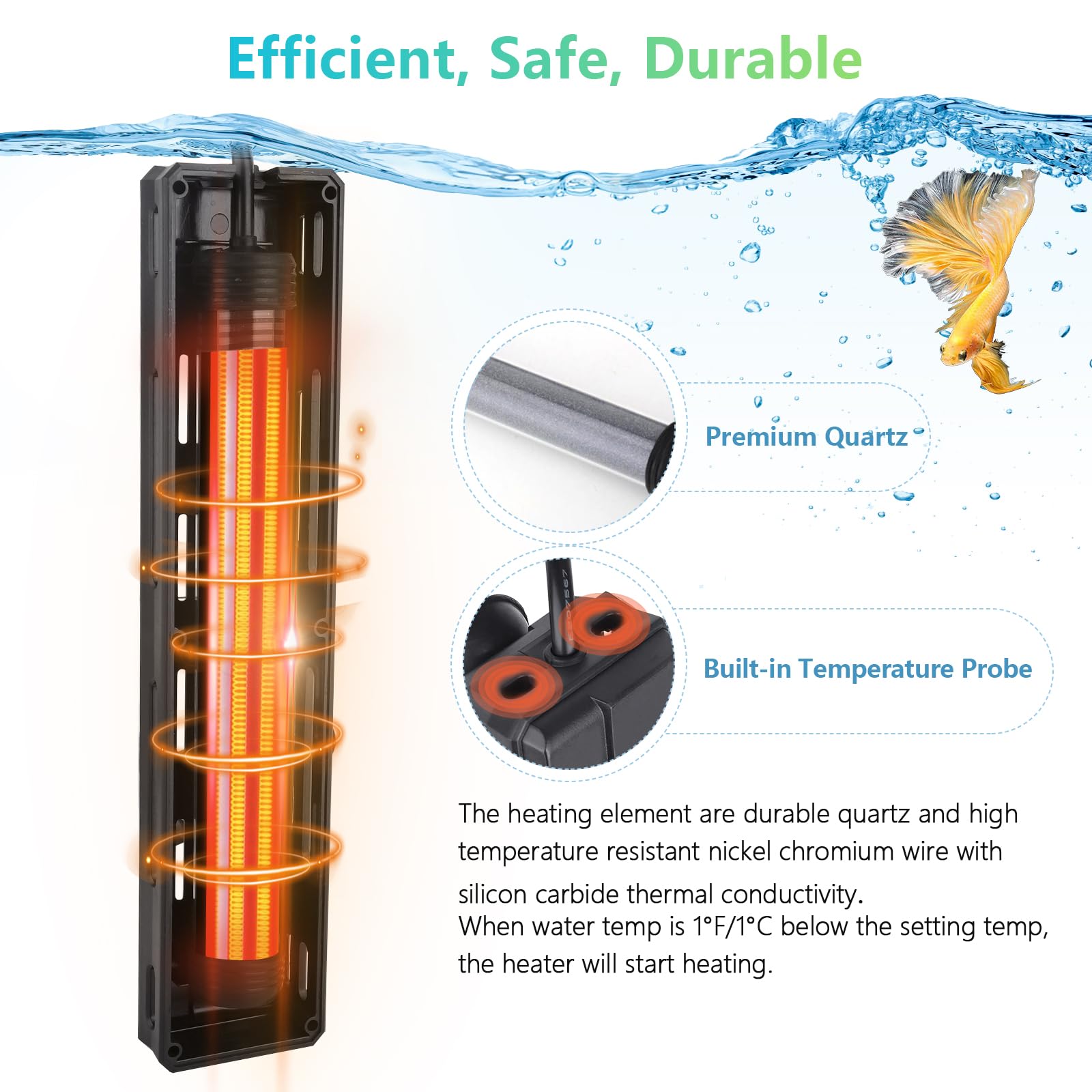 Hygger Aquarium Heater safety protections including overheat and dry-run alarms.