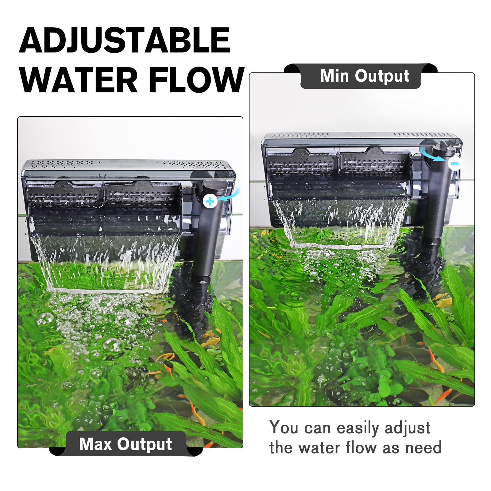 hygger Aquarium HOB Filter dual-media cartridge reduces odors and debris