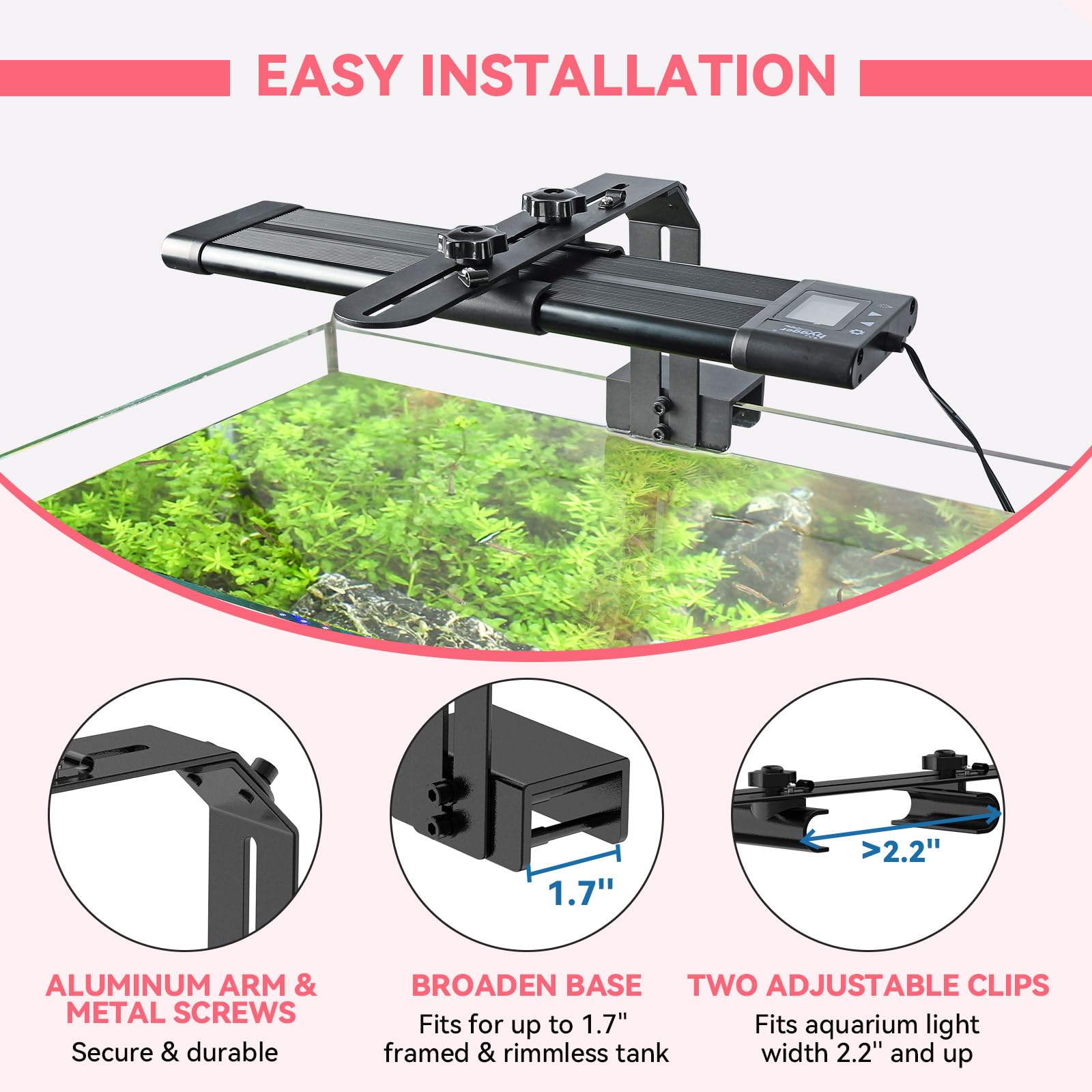 Hygger aquarium light riser adjustable length shows two-to-six-inch range above tank.
