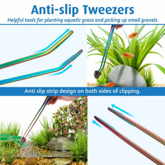 Hygger aquarium tools curved tweezers for delicate roots and adjustments.