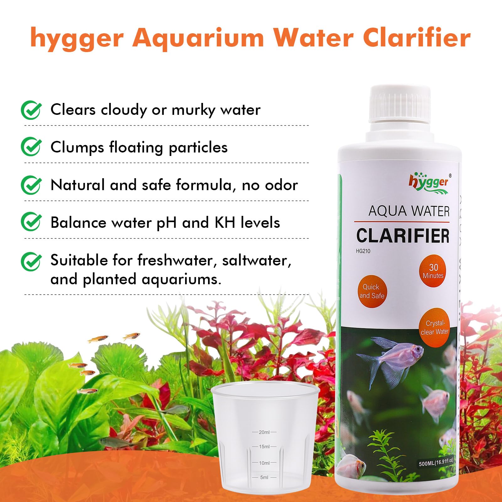 hygger Aquarium Water Clarifier pour action demonstrates easy dosing for tank clarity