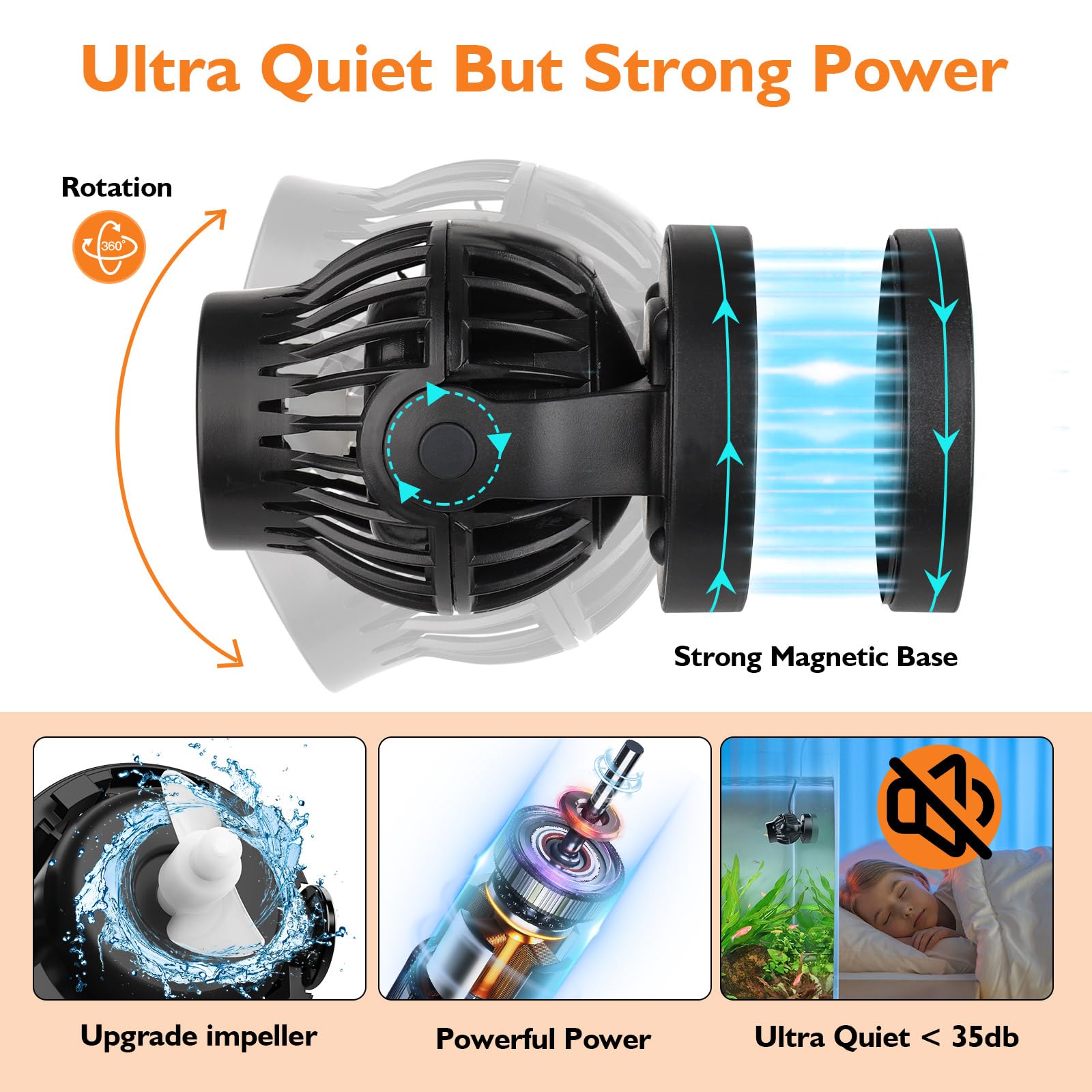 hygger aquarium wave maker quiet operation during night mode.