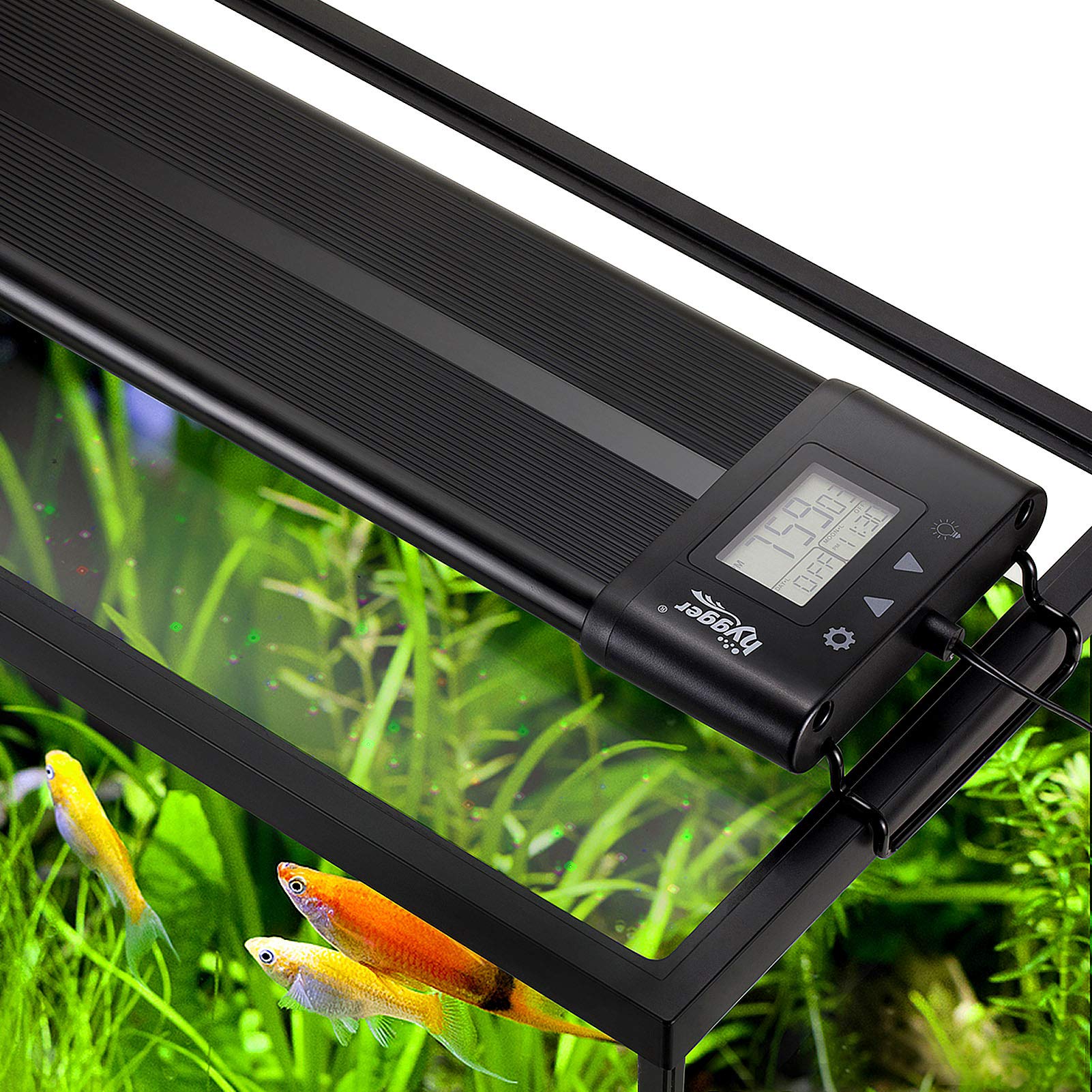 hygger auto on off LED aquarium light with extendable legs over a 48–55 inch tank for planted setups