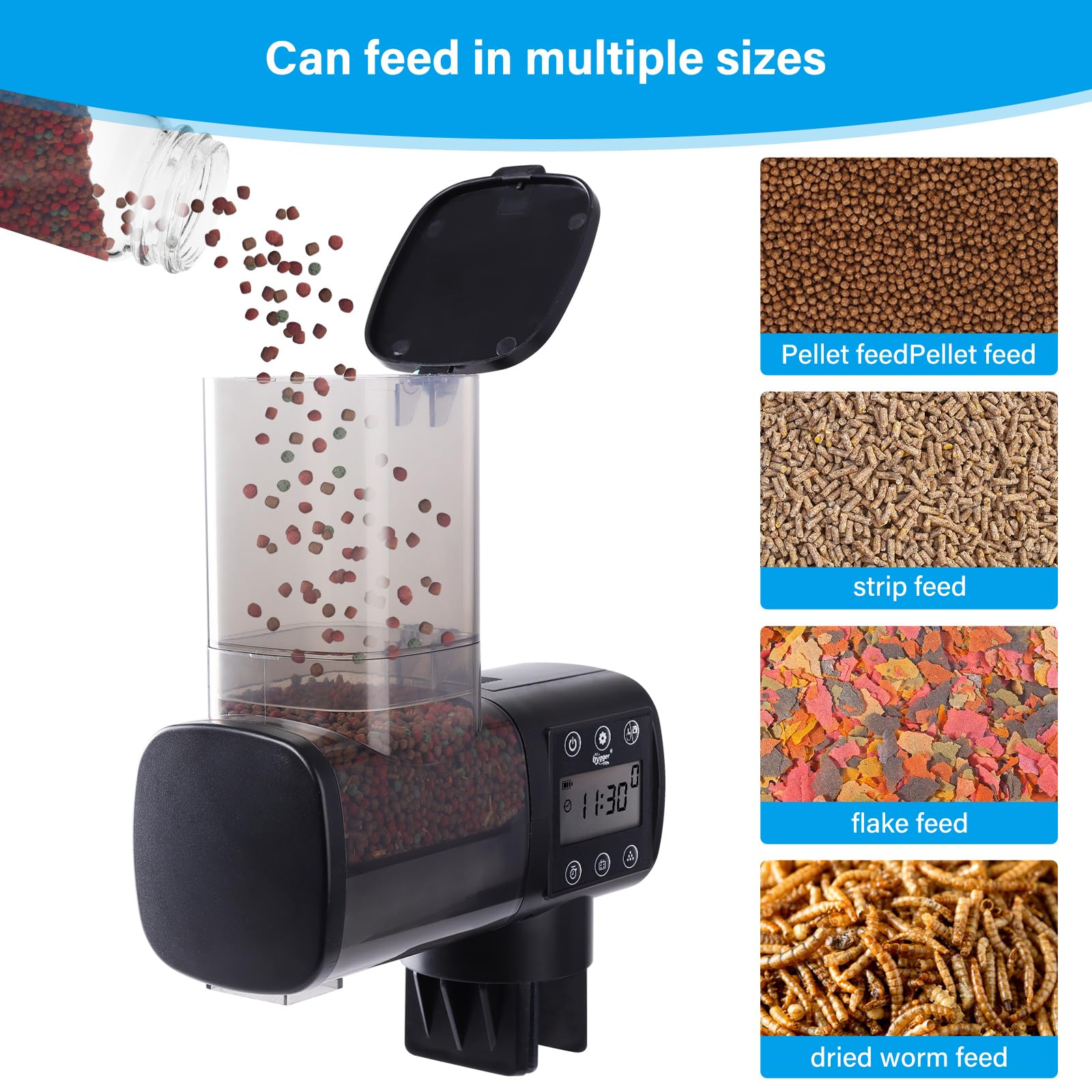 Hygger fish feeder dispensing food at angle near water surface for reliable meals.