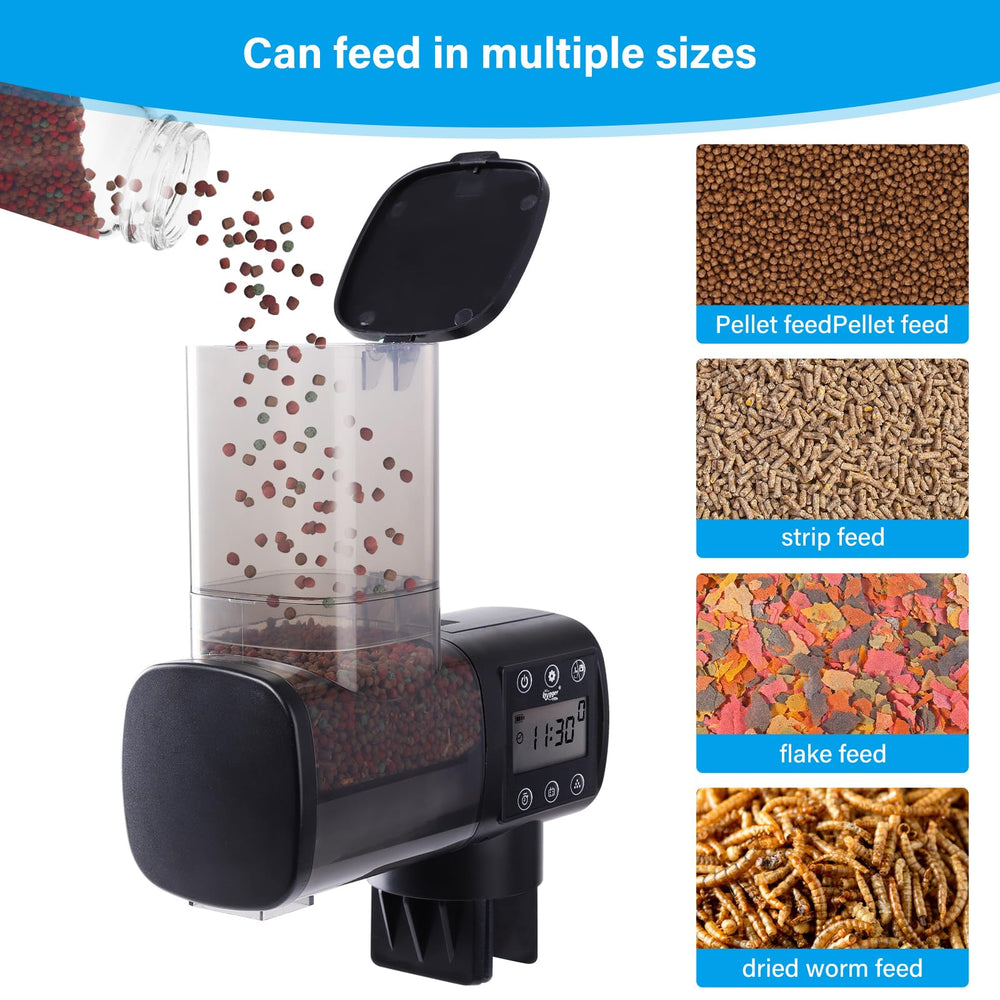 Hygger fish feeder dispensing food at angle near water surface for reliable meals.