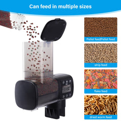 Hygger fish feeder dispensing food at angle near water surface for reliable meals.