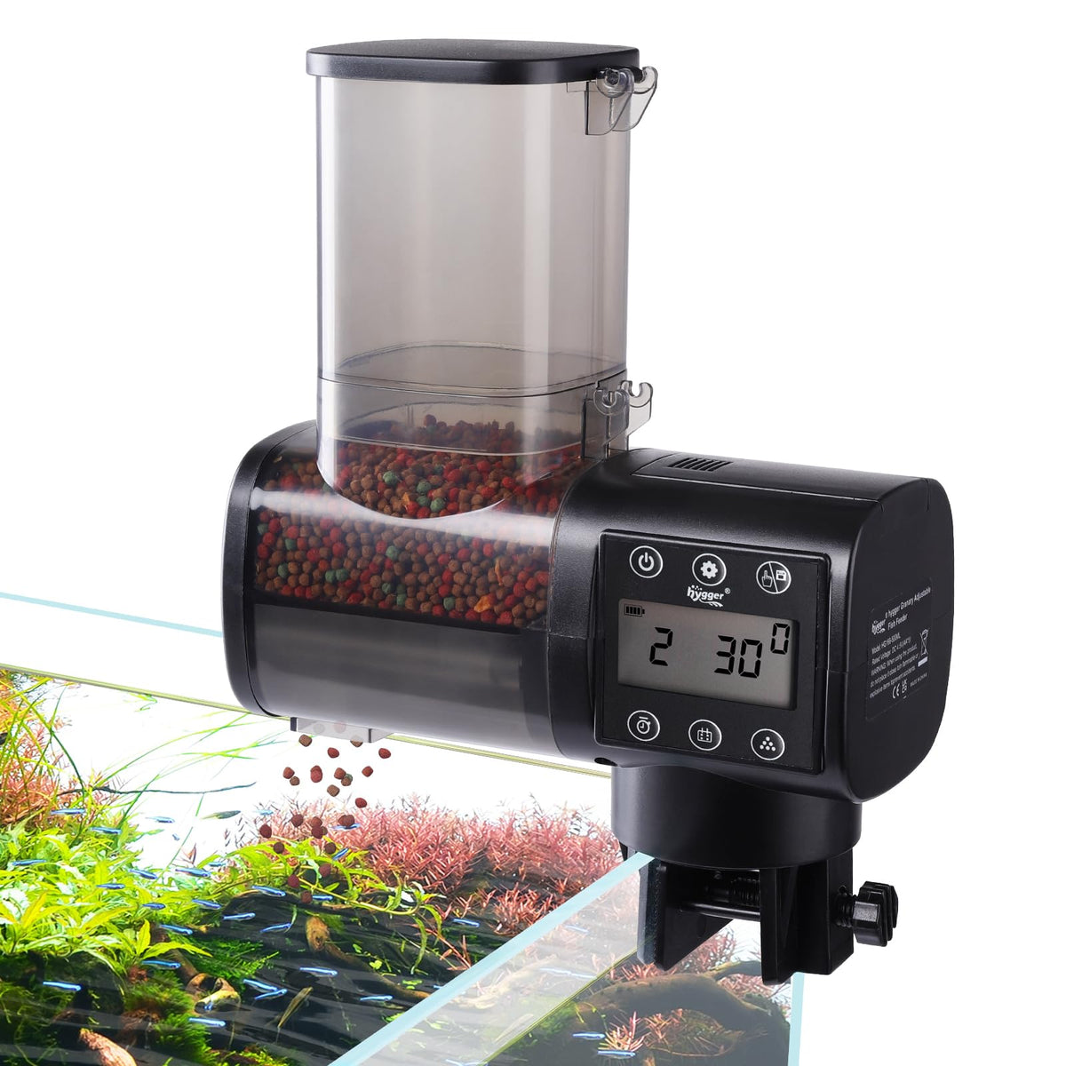 Hygger automatic fish feeder on tank glass shows adjustable feeding schedule for vacations.