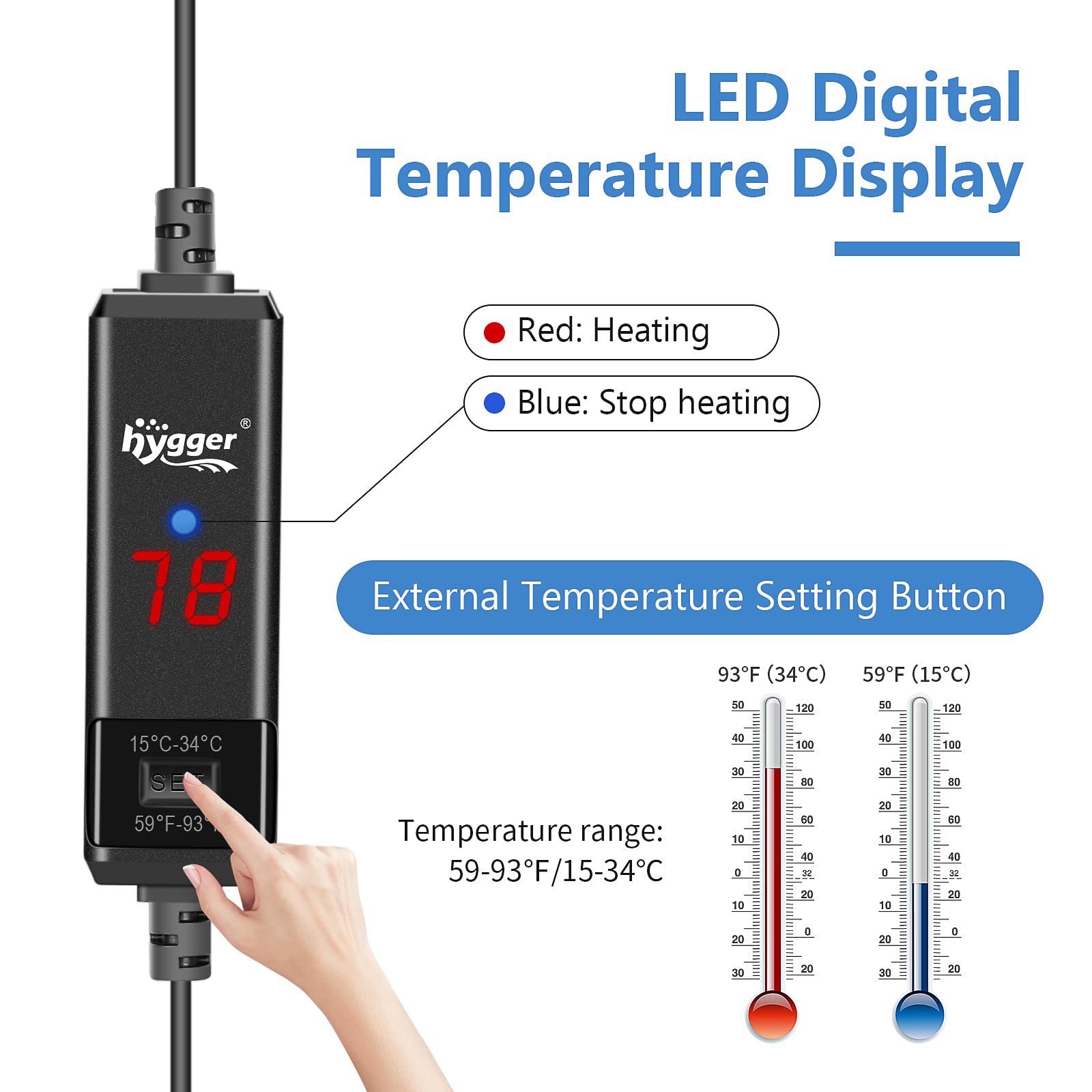 Hygger betta heater shows LED digital display for precise temperature readouts.