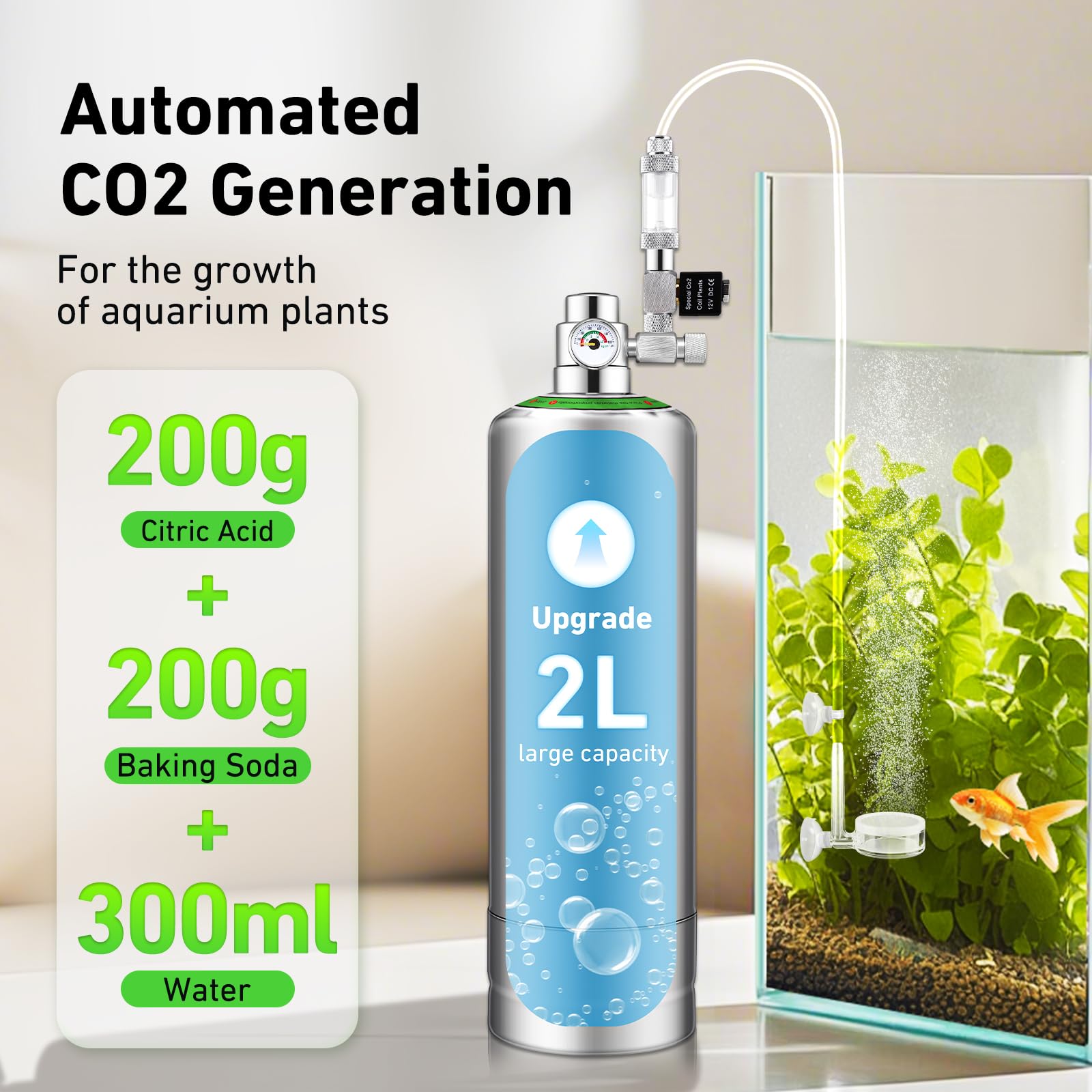 Hygger CO2 2L bottle side view shows stainless steel durability for tanks.