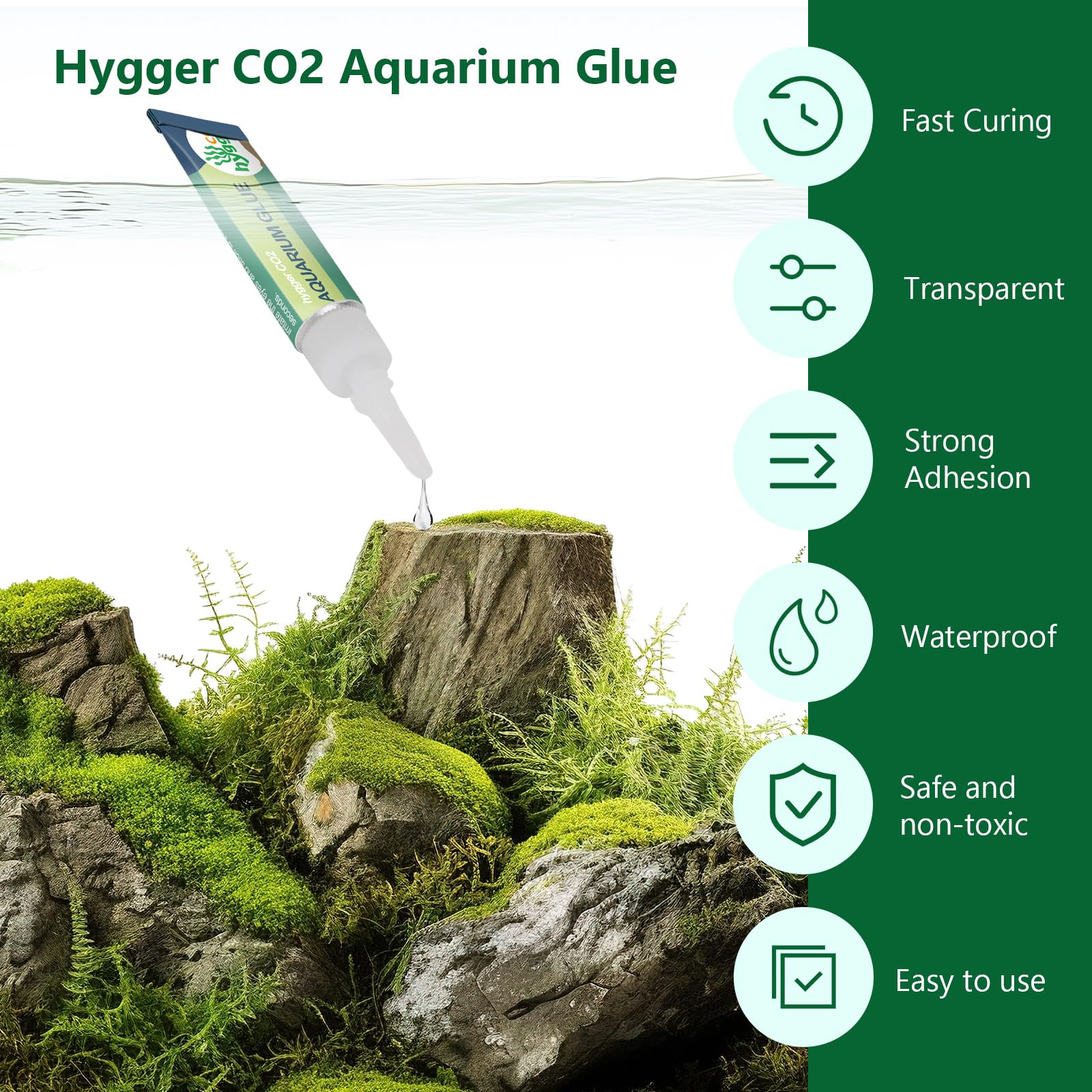 Hygger CO2 aquarium glue being applied underwater demonstrates strong adhesion.