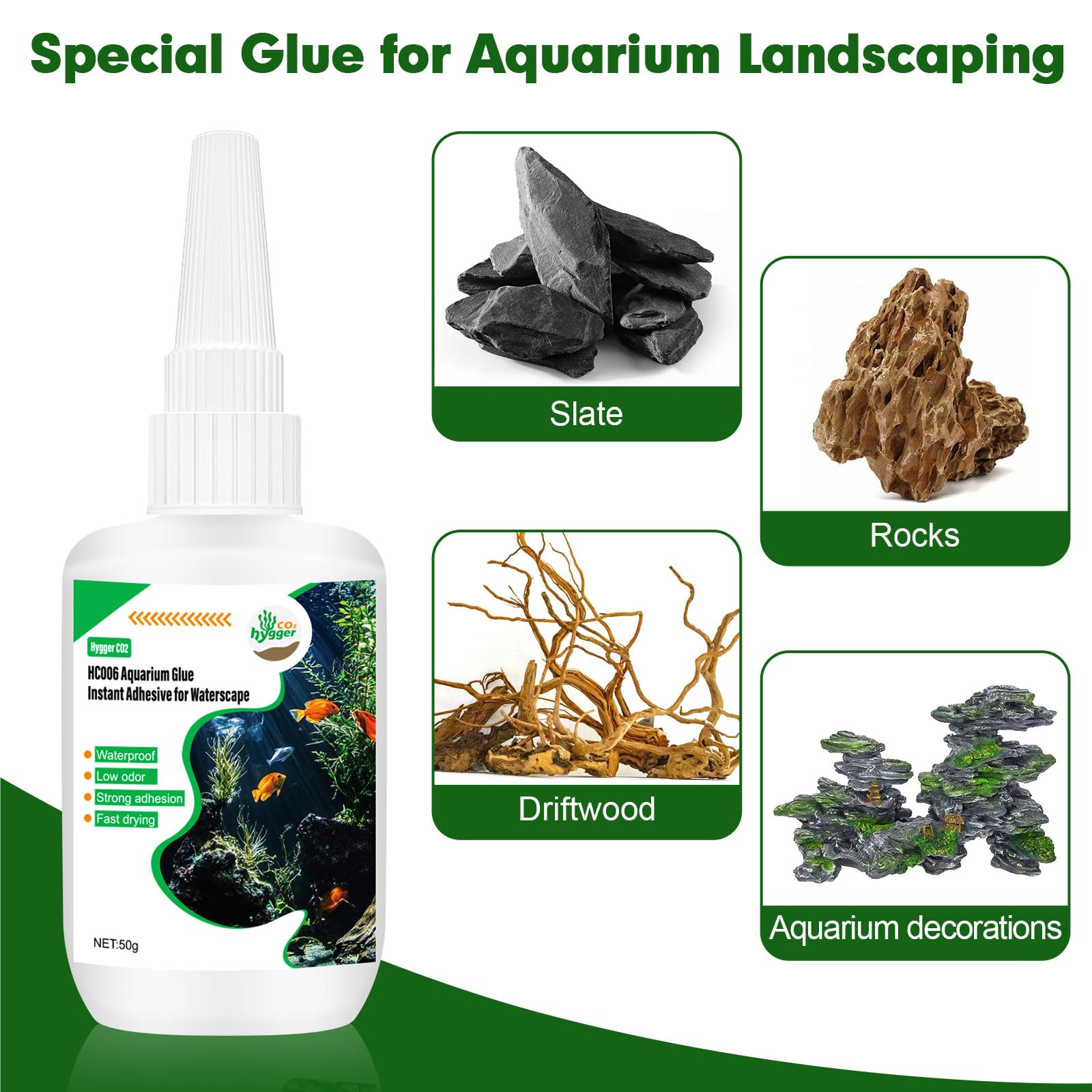 Hygger CO2 aquarium glue included with slate stones enables safe bonding