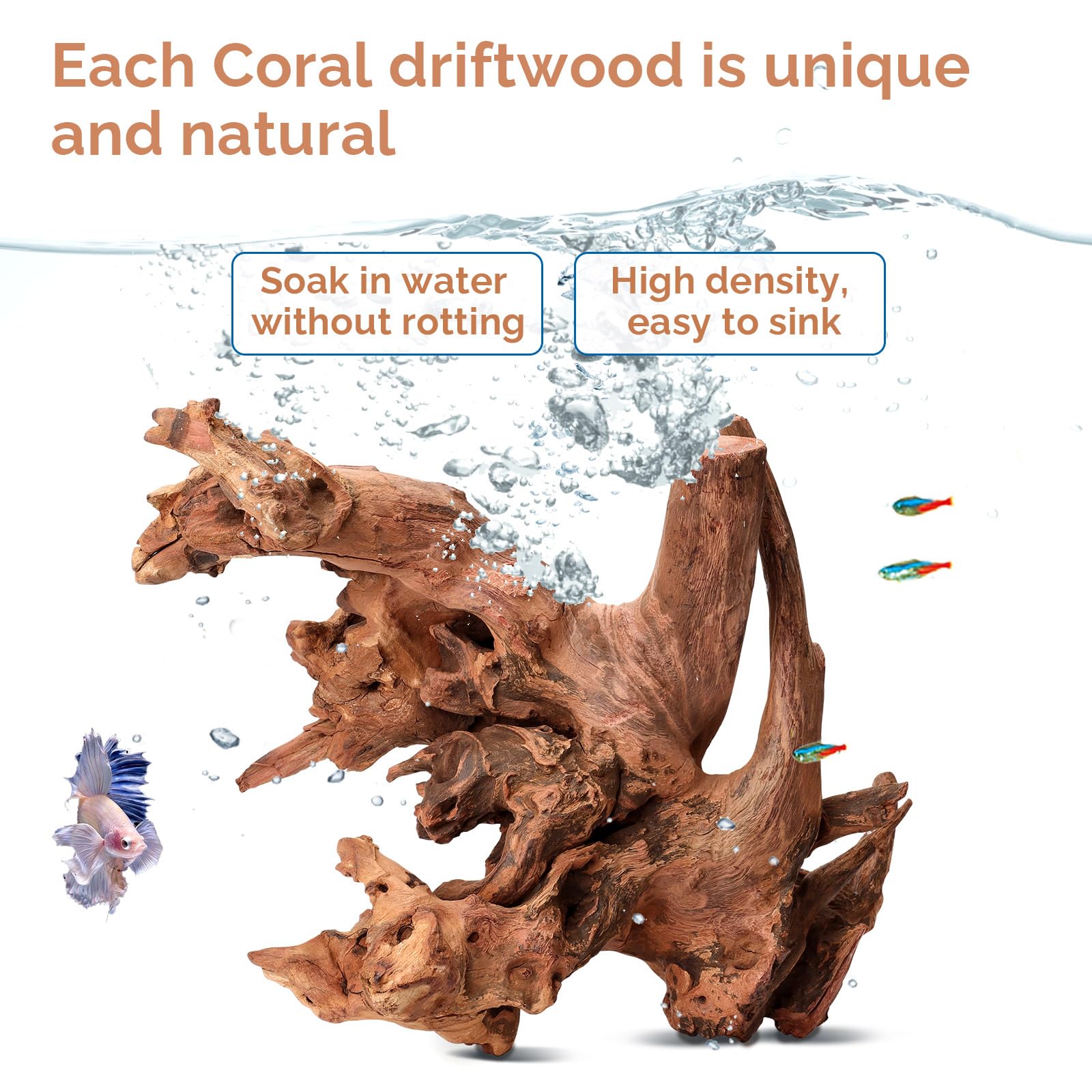 Hygger CO2 driftwood decor enhances aquascapes with texture and hiding spots.