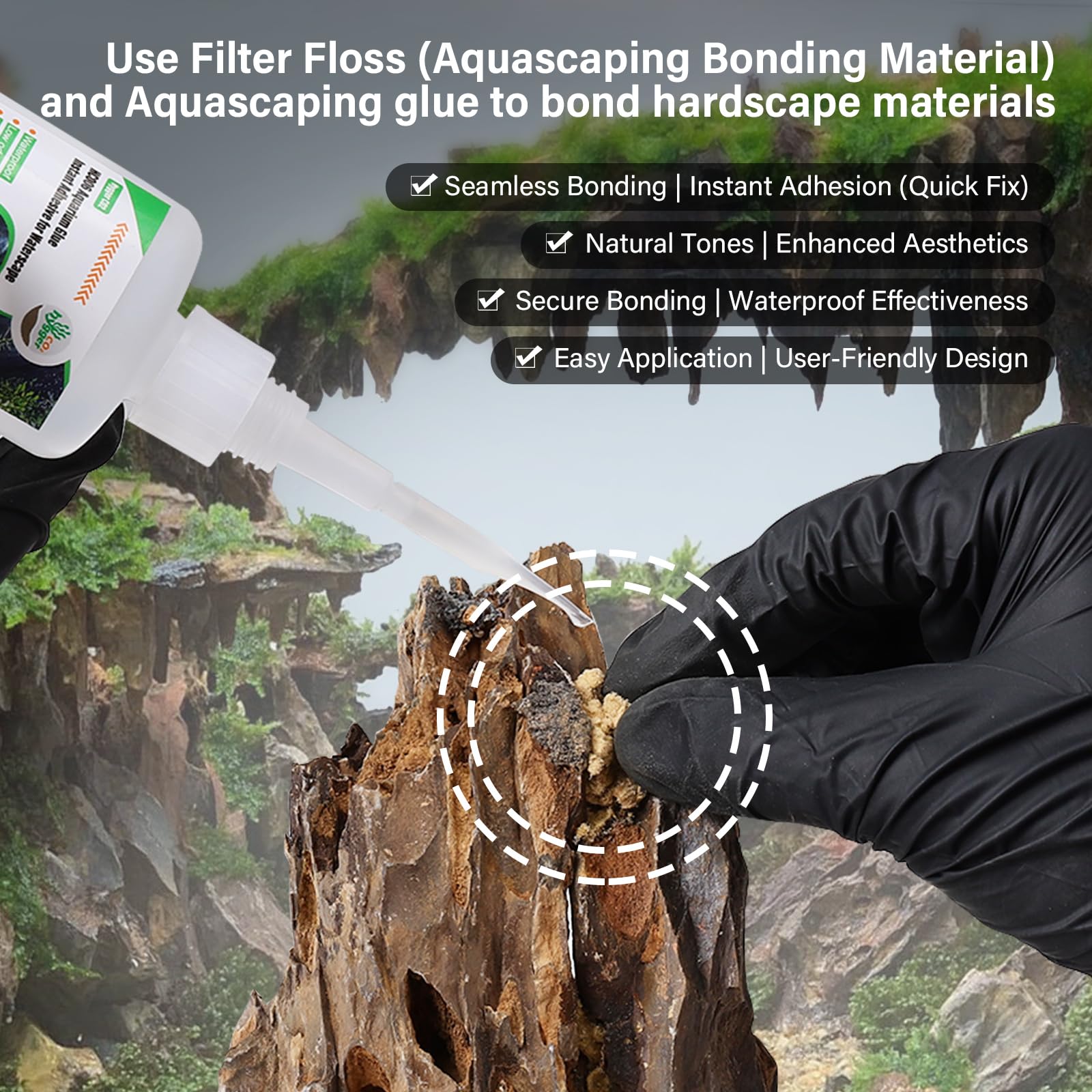Hygger CO2 Cotton Wool brownish-red gap-filler blends with driftwood tones.