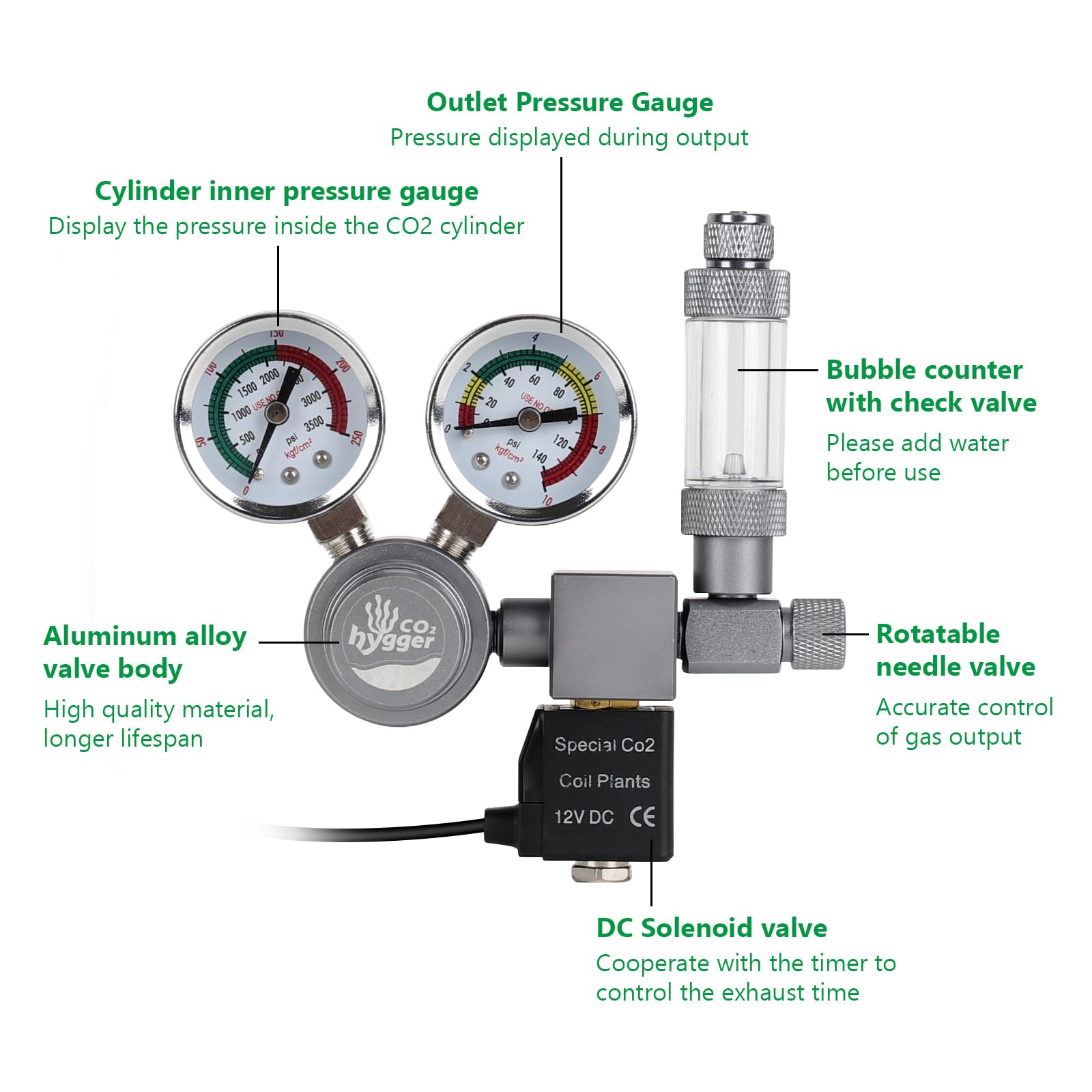 Hygger CO2 regulator 12V DC solenoid valve enables automatic CO2 control.