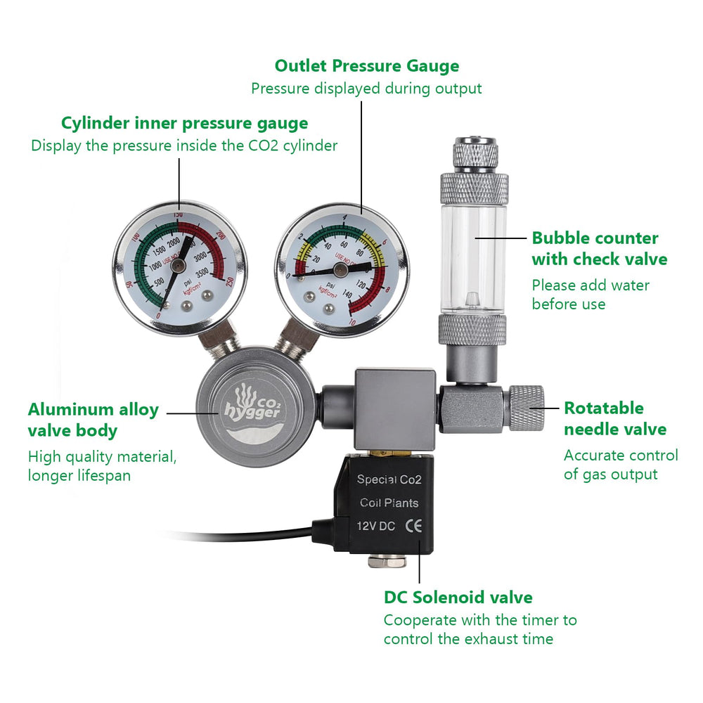 Hygger CO2 regulator 12V DC solenoid valve enables automatic CO2 control.