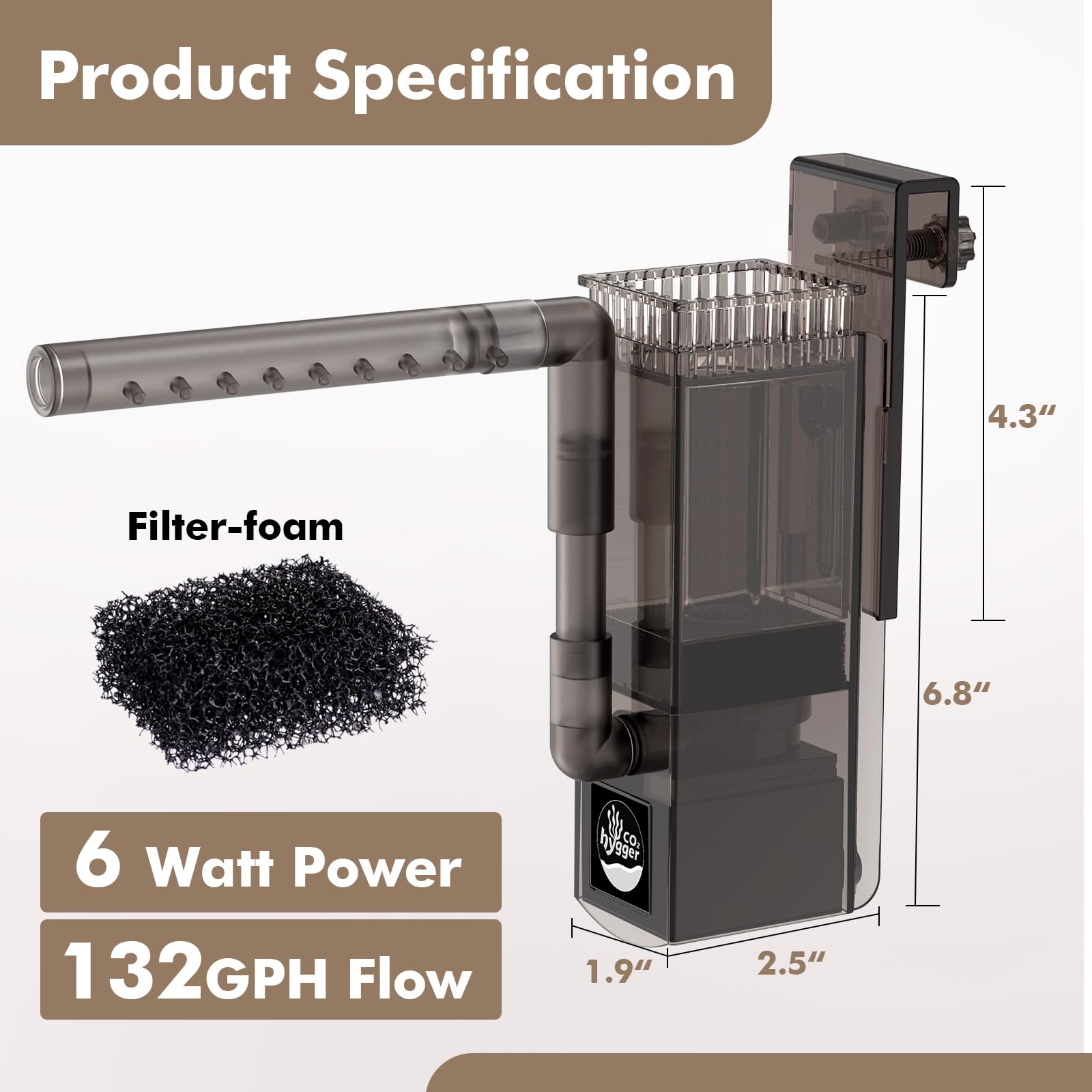 Hygger CO2 surface skimmer dual outlet flow supports balanced circulation in tanks.