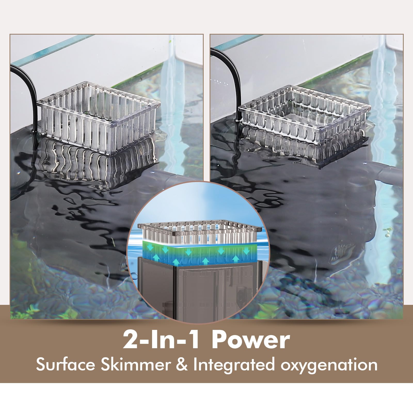 Hygger CO2 surface skimmer side angle shows dual outlet flow options for versatile setups.