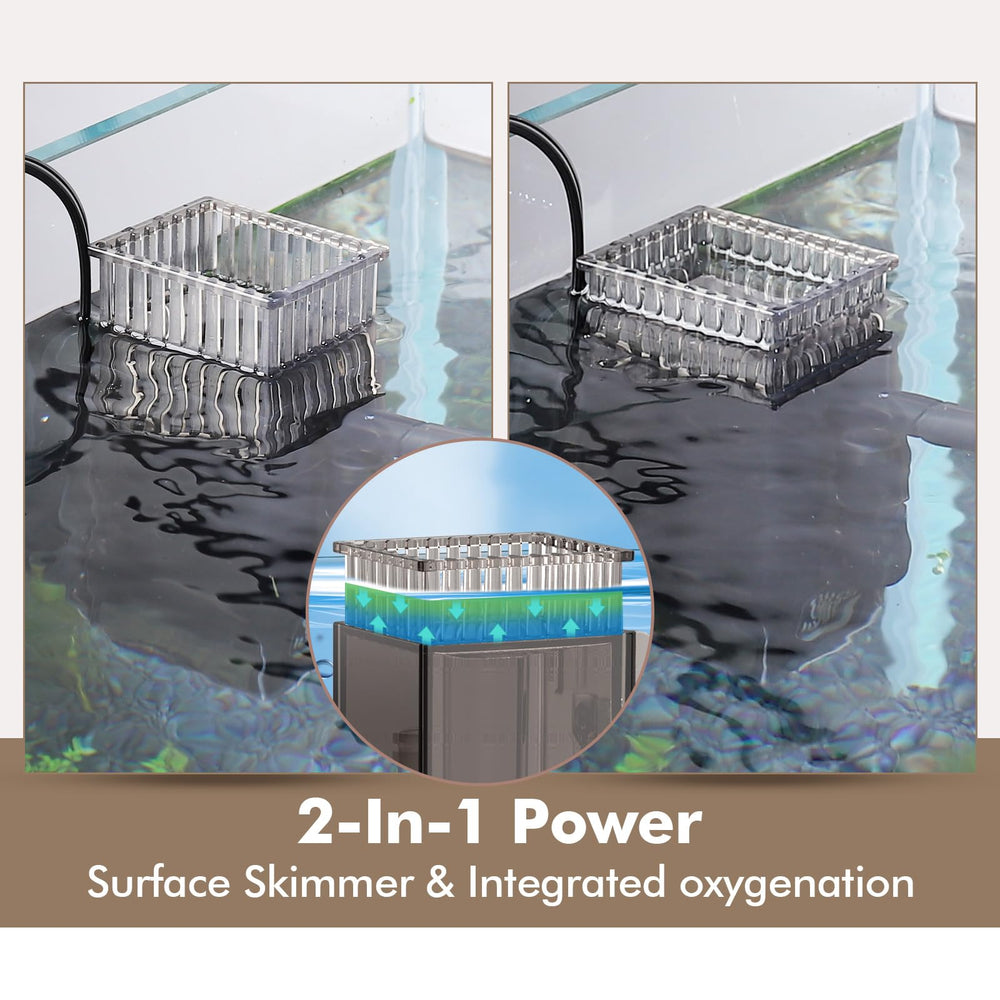 Hygger CO2 surface skimmer side angle shows dual outlet flow options for versatile setups.