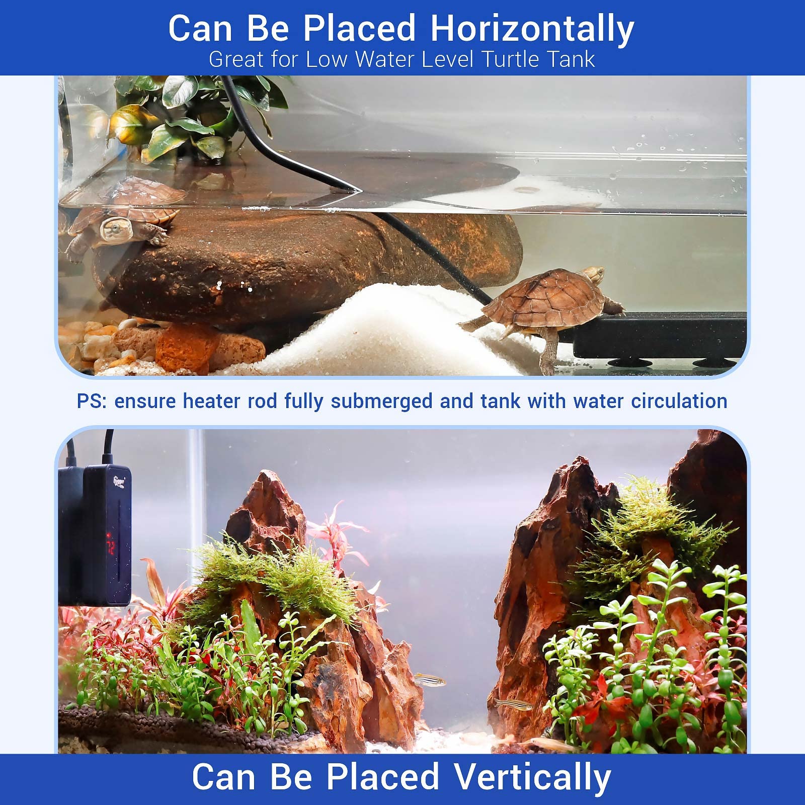 hygger compact heater suits 5-10 gallon tanks and betta habitats.